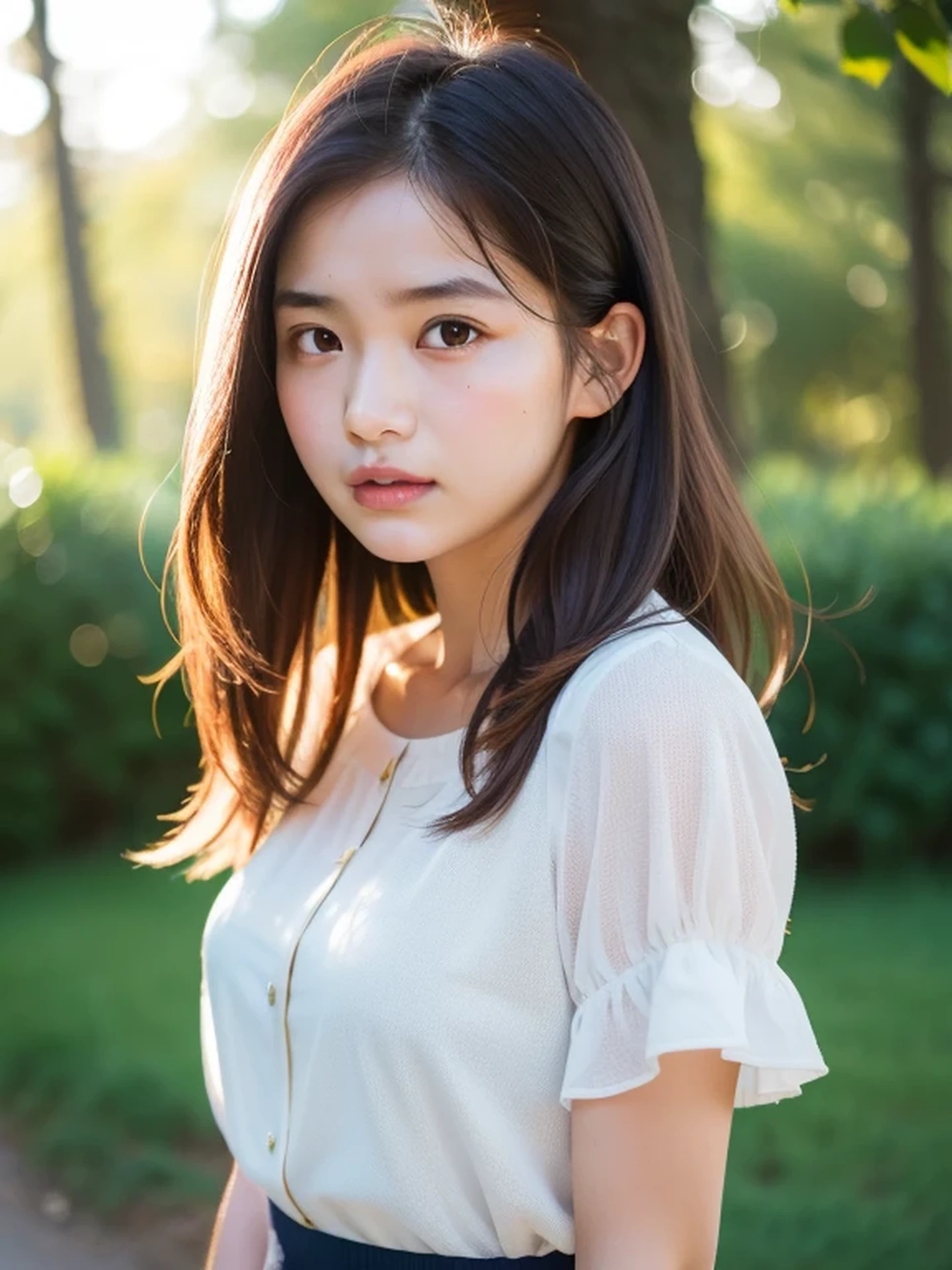 masterpiece, Best Quality, Raw photo, 8K, ultra-detailed face, 1girl, neat and clean beauty, Beautiful detailed skin, backlight, soft light, bashful, (shoot from front:1.2), sad, open your mouth to say something, Luminescent, Anatomically correct, Medium hair, hair blown by the wind, Eyes and faces with detailed, Textured skin, Professional Photography, Bokeh, Portrait, Professional Lighting, Solo, Cute, Girly, Film grain, silk blouse, skirt, outside, forest shining in the morning sun,