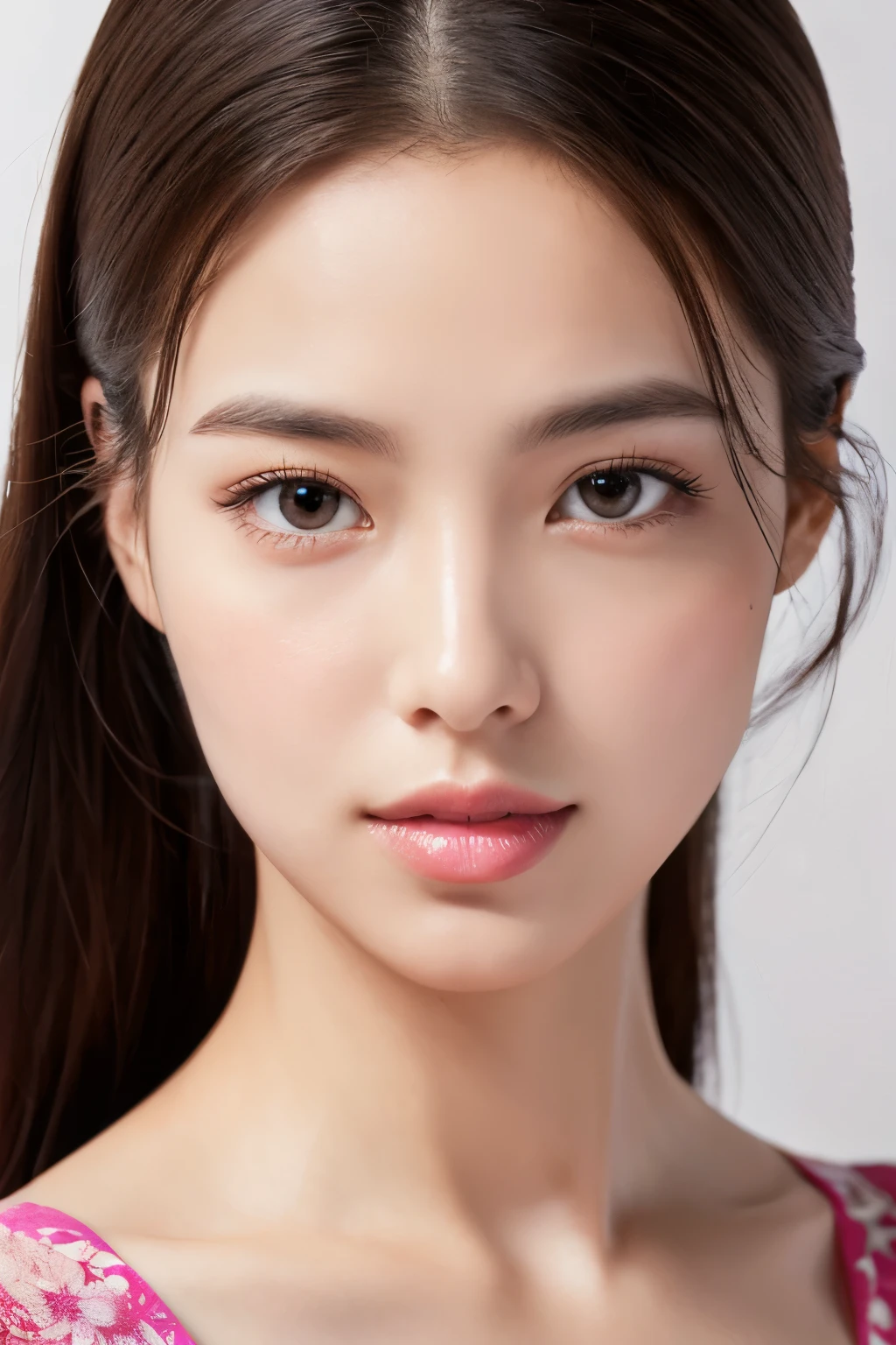 (RAW Photo, Best Quality), (Realistic, Photo Realistic: 1.3), Best Quality, Highly Detailed,8k RAW photo, highest quality, masterpiece, ultra high resolution, 3D, realistic,、masterpiece, highest quality, 1 girl, 、gaze towards the viewer、((portrait))、profile, ponytail, up hair, nape of the neck, pink lips, nose slightly pointed upwards, long eyelashes, realistic skin texture, attractive face, blurry, white background