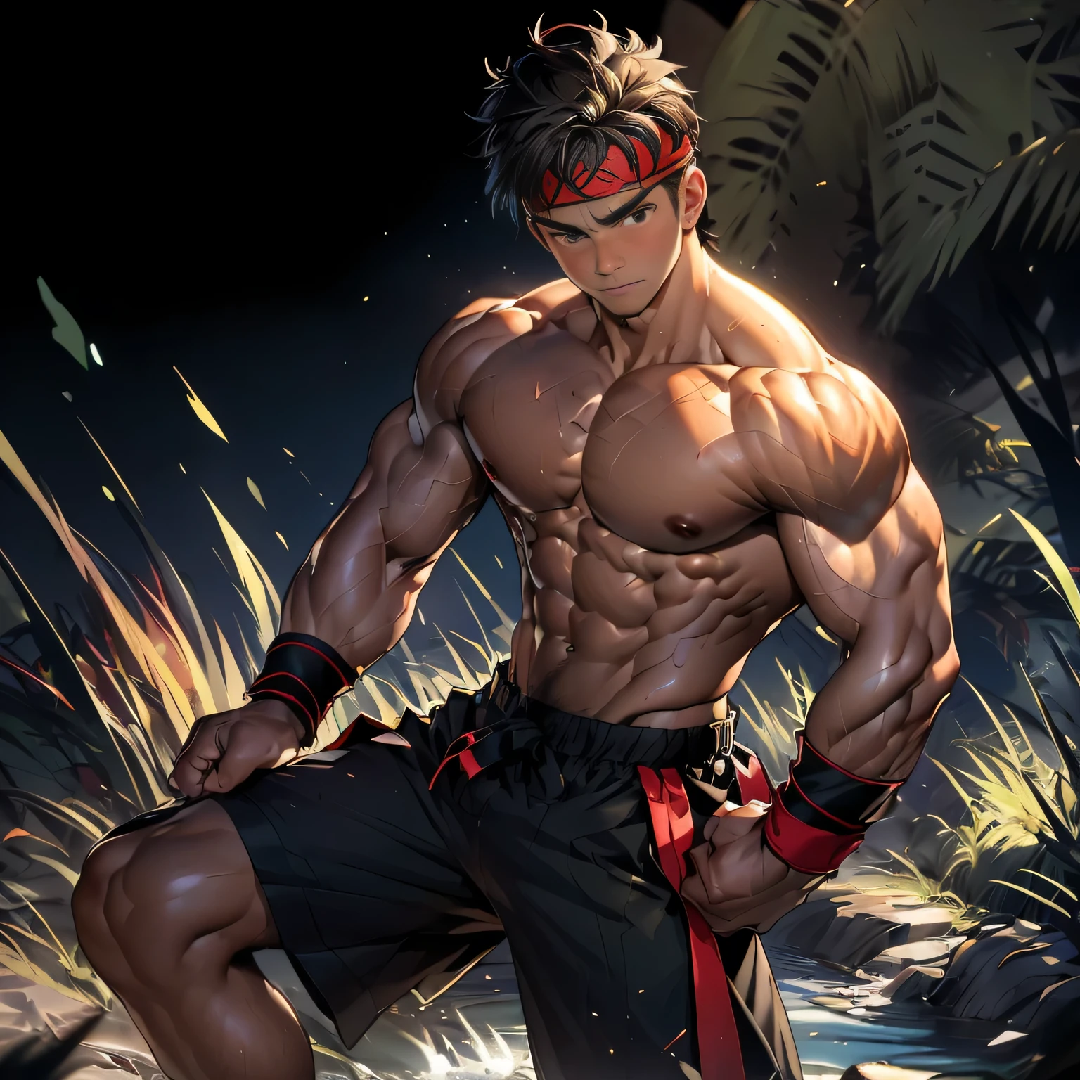 (Masterpiece, Best quality 19 year old boy, black background, cowboy shot), solo, Young, boy, muscler, Shirtless, topless, (Dark Short straight hair, under cut, brown eyes), (red headband, ((black wristband))), Vivid colors, (hot Abs:1.2, abs!, big abs, big breast:1.2, chest!, muscler upper arms, clenched fist), (topless male), muscler!, muscler body, (aura power:1.4), detailed face, detailed muscle, (((A magical mystical aura, fighting with martial arts stance, powerful, action pose, rippling muscles, fighting, Fotografia de combate)))