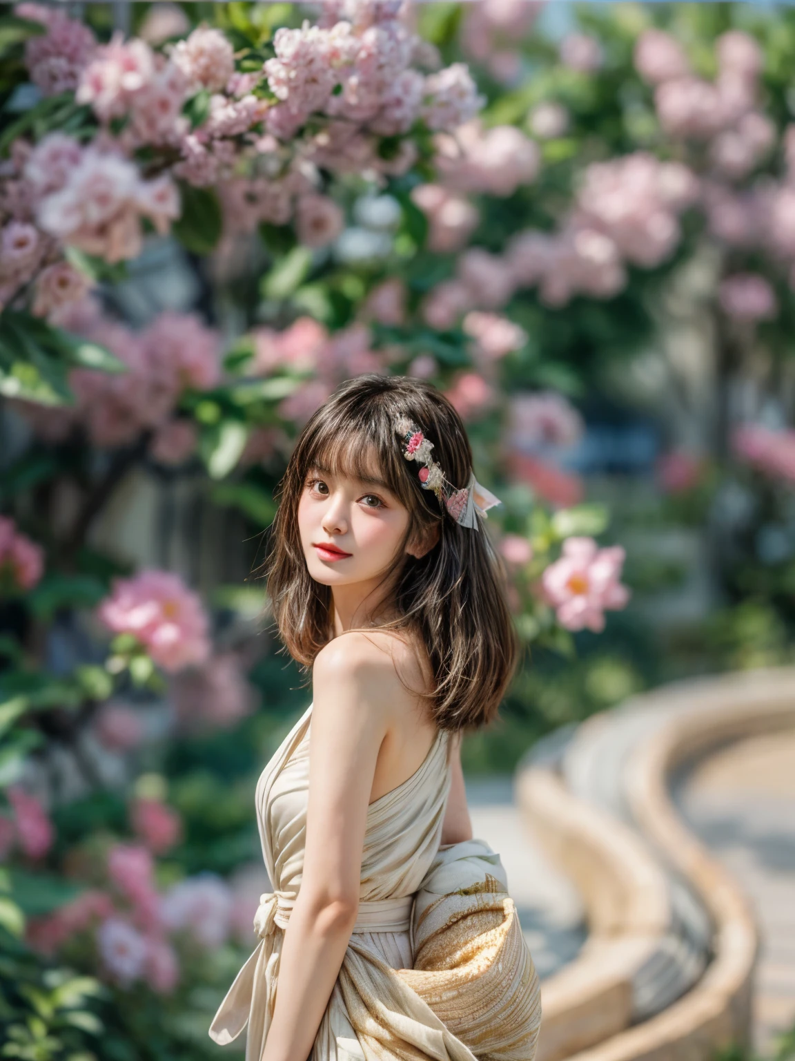 masterpiece、highest quality、cinema、(cute japanese woman、bangs:1.3)、young girl,1 girl、elegant、black hair、flower garden、The wind is blowing