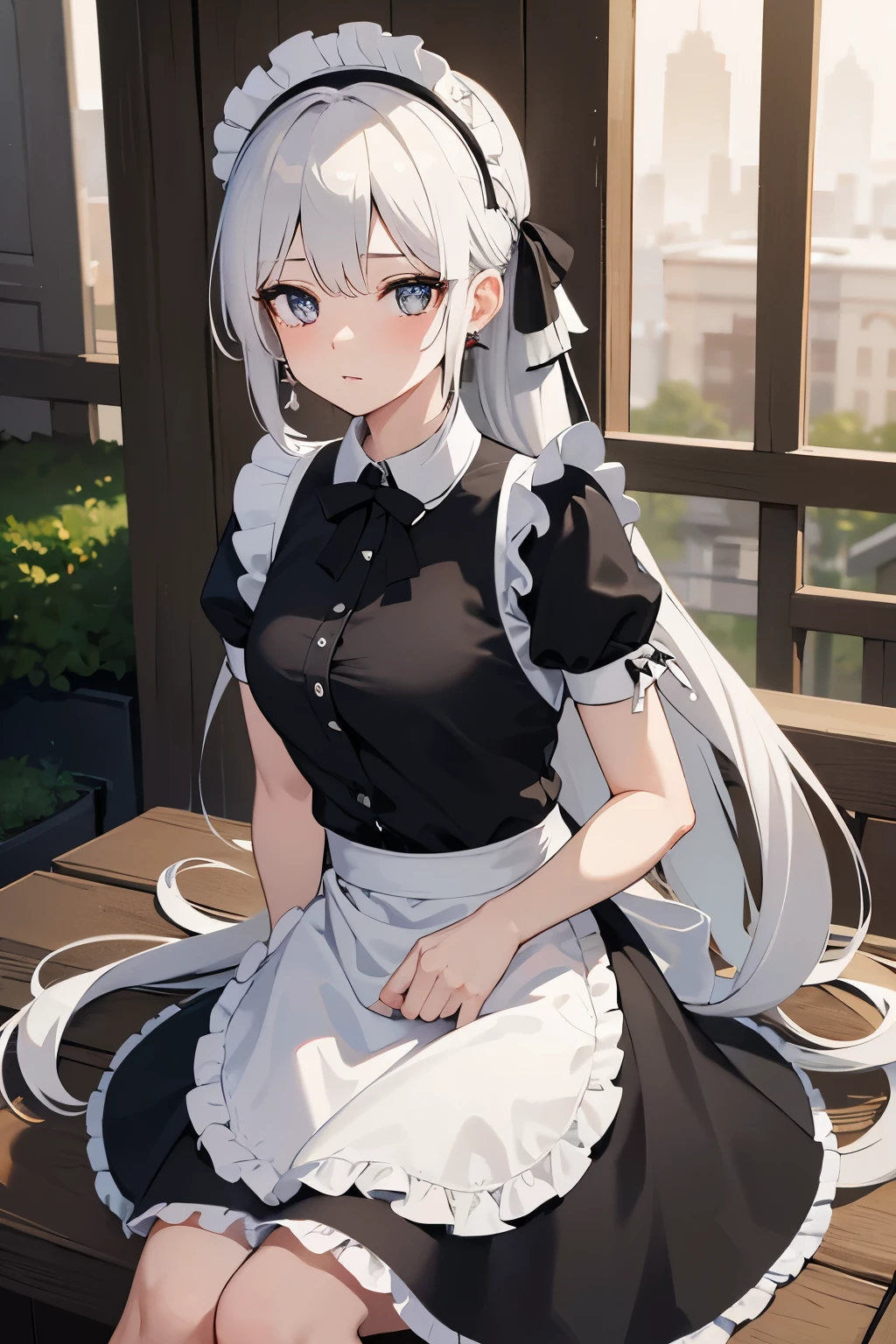 masterpiece, best quality, high resolution, arteries, white hair,Light gray pupil,long hair, low ponytail, Headbands, black ribbon, earrings, maid, permanent, outdoors, Skirt fixed, maid headdress,