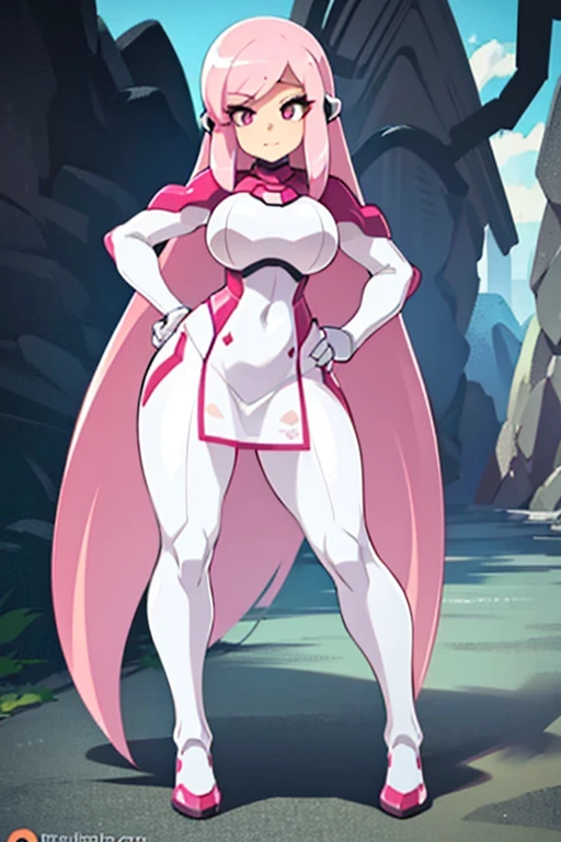 full body picture Unreal Engine 5 8K UHD of beautiful girl, Long pink hair, wearing futuristic white tight battle suit , white jacket, grass green mountain light details, Best quality, masterpiece, nice female curves，Pink eyes，frontage, happy face,cute anime face, cute, beutiful bright pink hair, very long hair, big eyes