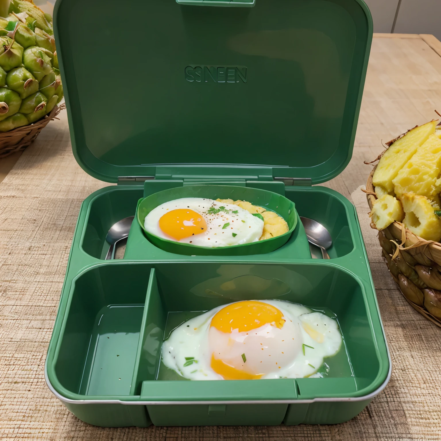 Spinach soup, fried egg, melon and pineapples in lunch box