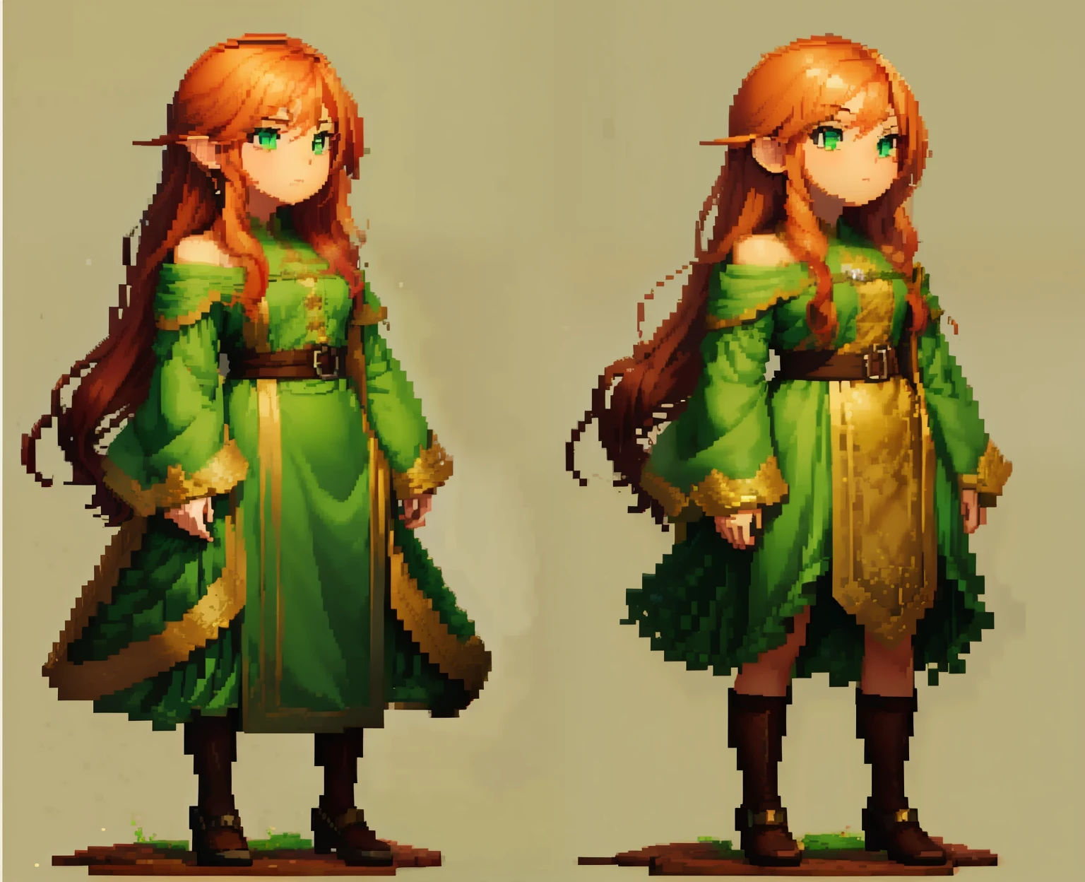 red hair, detailed face handsome with rosy cheeks, image-based versions a couple of pixel art of a woman in green dress, visual novel sprite, pixel art sprite, colored concept art, concept pixelart, made in rpg maker, full body sprite, sprite 2 d, sprite art, spirit fantasy concept art, full body character concept art, coriolios rpg art style, rpg concept art character, detailed full body concept art, image-based versions, green eyes, red hair, angelic face