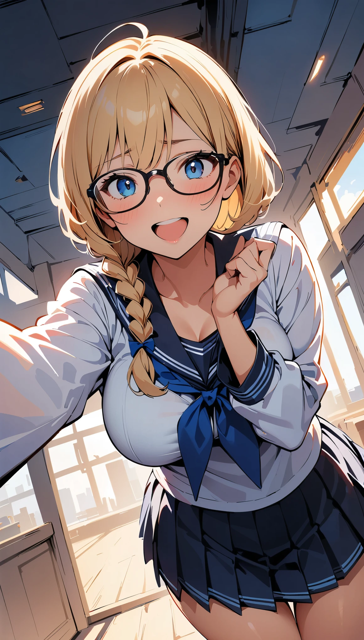 (high quality, 8K, 4k, high contrast, masterpiece:1.2, 最high quality, best aesthetics), (dynamic angle), ((1 female)), ??????, sexy, mature body, JK, , Braid, Glasses, sexyな唇, excited, Chairman, sailor suit:1.2, open your mouth.