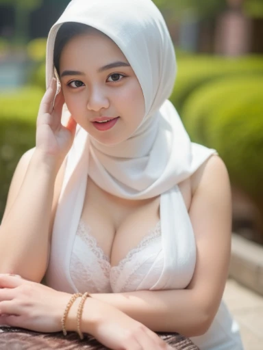 hyper realistic, intricate details, 1 malay young muslim girl, , (wearing pasmina hijab), white hijab jilbab, shy, mid shot, upper body, watery eyes ,droopy eyes, lip glossy, ((horny and orgasm face expression)), medium rounded breast, (open breast), (breast out), nude, naked, arms up, woman in sexy white kebaya , luxurious necklace, bracelet, lipstick, makeup, grooming, eyelashes, nsfw, flower garden background, bokeh background, proportional body,