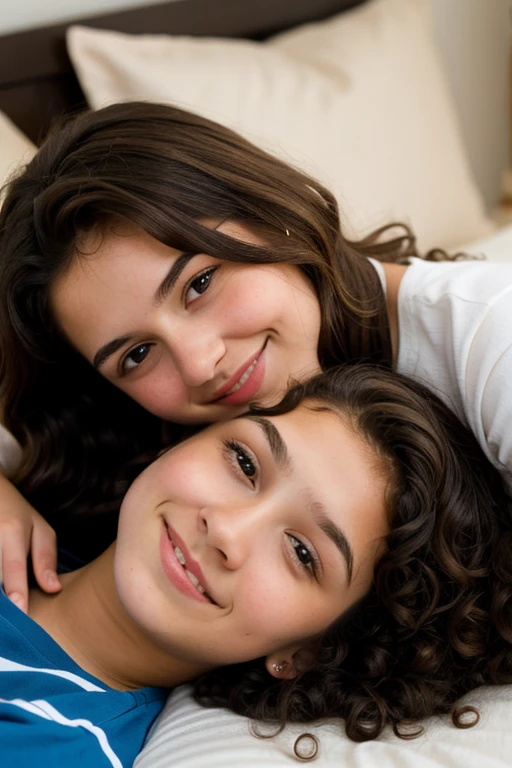 girl with straight brown hair cuddling with a boy with black curly hair