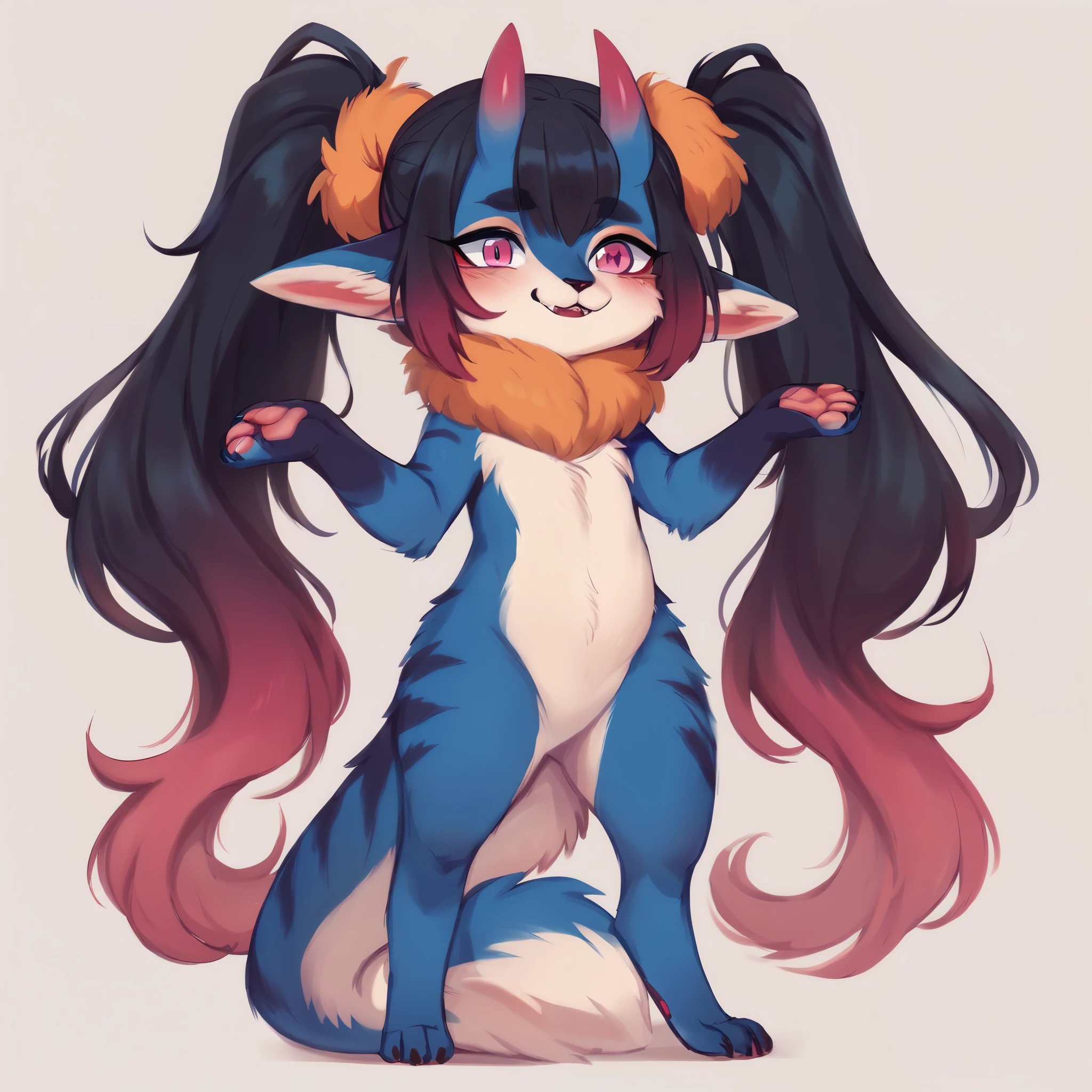 score_9, score_8_up, score_7_up, score_6_up, score_5_up, score_4_up, show accurate, (full body), hungry body, simple background, (solo), (semi anthro), furry, animal furry, female, standing, (ultrafine fur) ((dark blue fur)), (neck covered by white color mane), (little white oni horns with pink), (white chest) dark pink eyes, (long hair), (black hair), white snout, pigtails, pigtails of the same size,