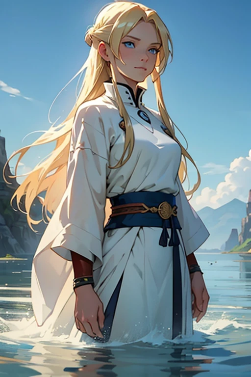 ((best quality)), ((masterpiece)), ((detailed)) woman, long blonde hair, bright blue eyes, soft smile, kind, pretty, avatar the last airbender, standing in water