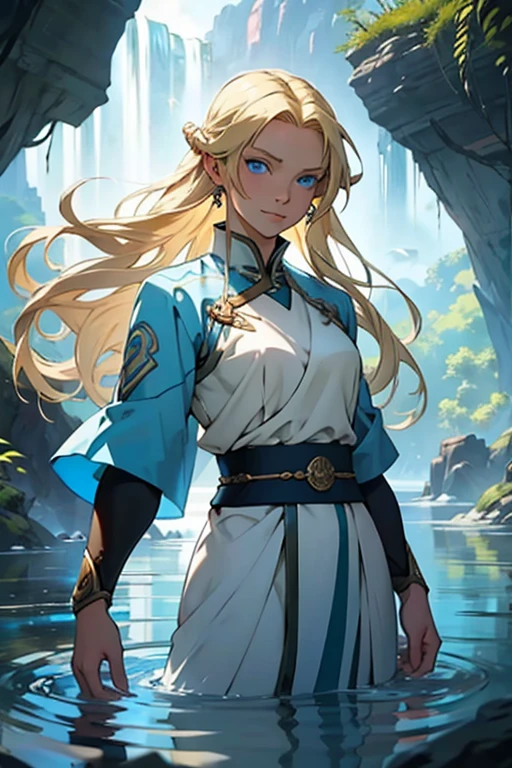 ((best quality)), ((masterpiece)), ((detailed)) woman, long blonde hair, bright blue eyes, soft smile, kind, pretty, avatar the last airbender, standing in water