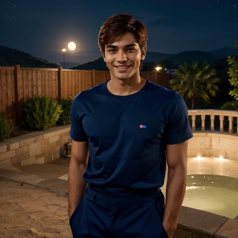 1boy, Indian boy, fair skin, sxfrances, short hair, orange hair, green eyes, freckles, smile, red overalls, blue shirt, roll up sleeve, mountain, moon, (night:1.5), looking at viewer six pack abs, handsome, Instagram model, 
