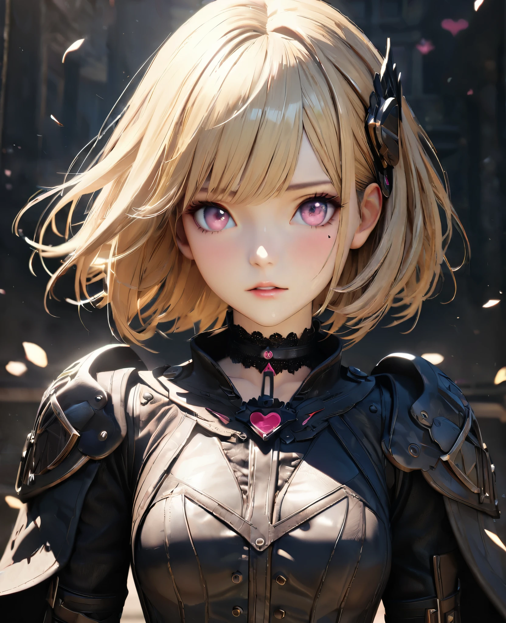 Masterpiece, Best Quality, Super Detailed, High Definition, Expensive Resolution, HDR, 4k, 8K, Unity 8k Wallpaper, Super Detailed CG, Masterpiece, Realistic, 2D, 3D, Beautiful Details, Depth, Fine Texture, Super Fine: 1.3, Complete concentration, crispy skin, him, very cute anime girl, high , expensive blonde short hair, one girl, solo, blonde short hair, high , mole under the eye, line of sight, expensive, blushing, parted closed lips, hair ornament, heart, pink eyes, choker