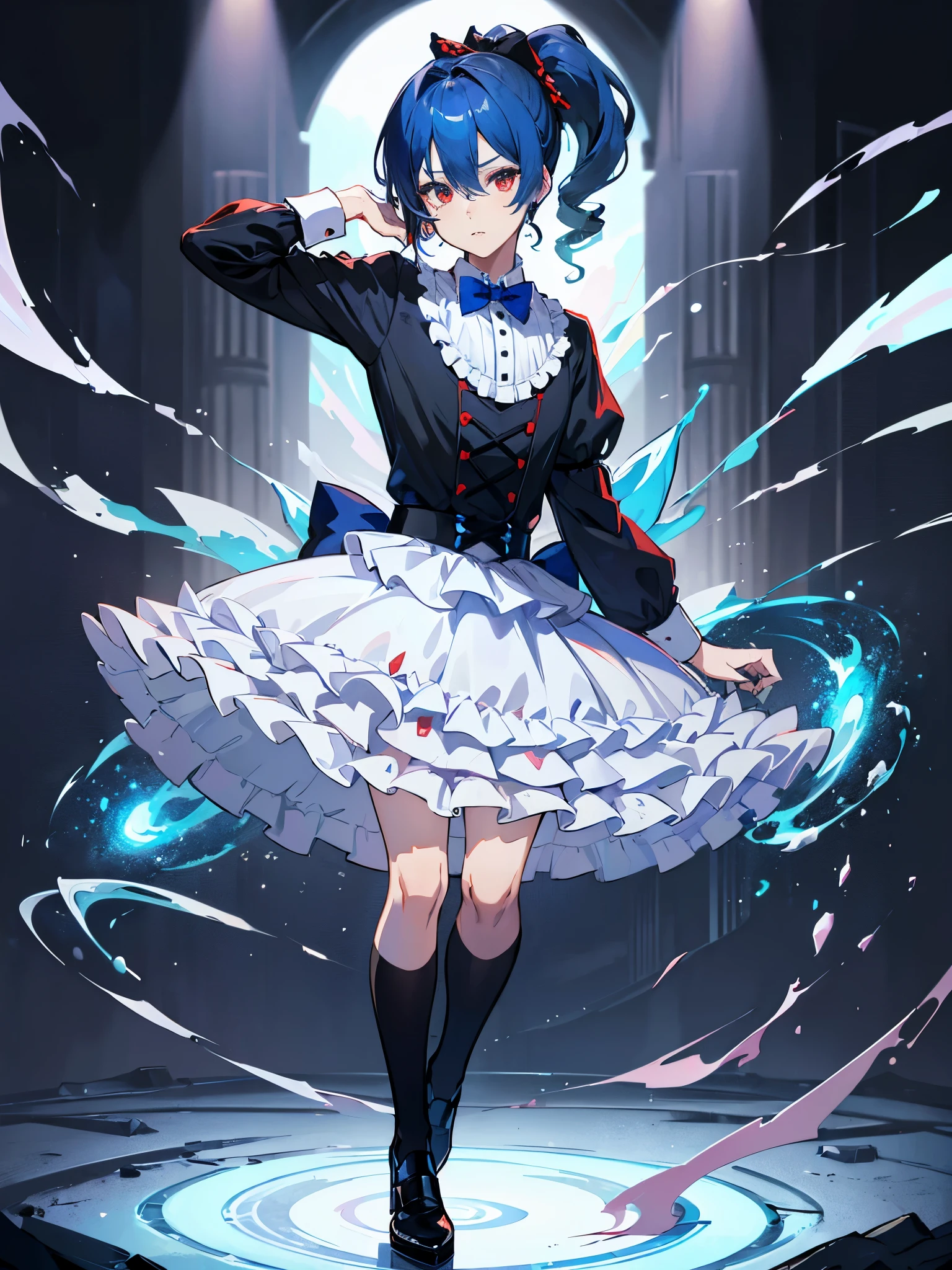 ((a boy)), blue hair, red eyes, ((full body)), individual, ((crossdressing)), ((idol costume)), black shirt, ((white layered skirt)), ((Bow tie with sapphires)), ((ponytail)) 