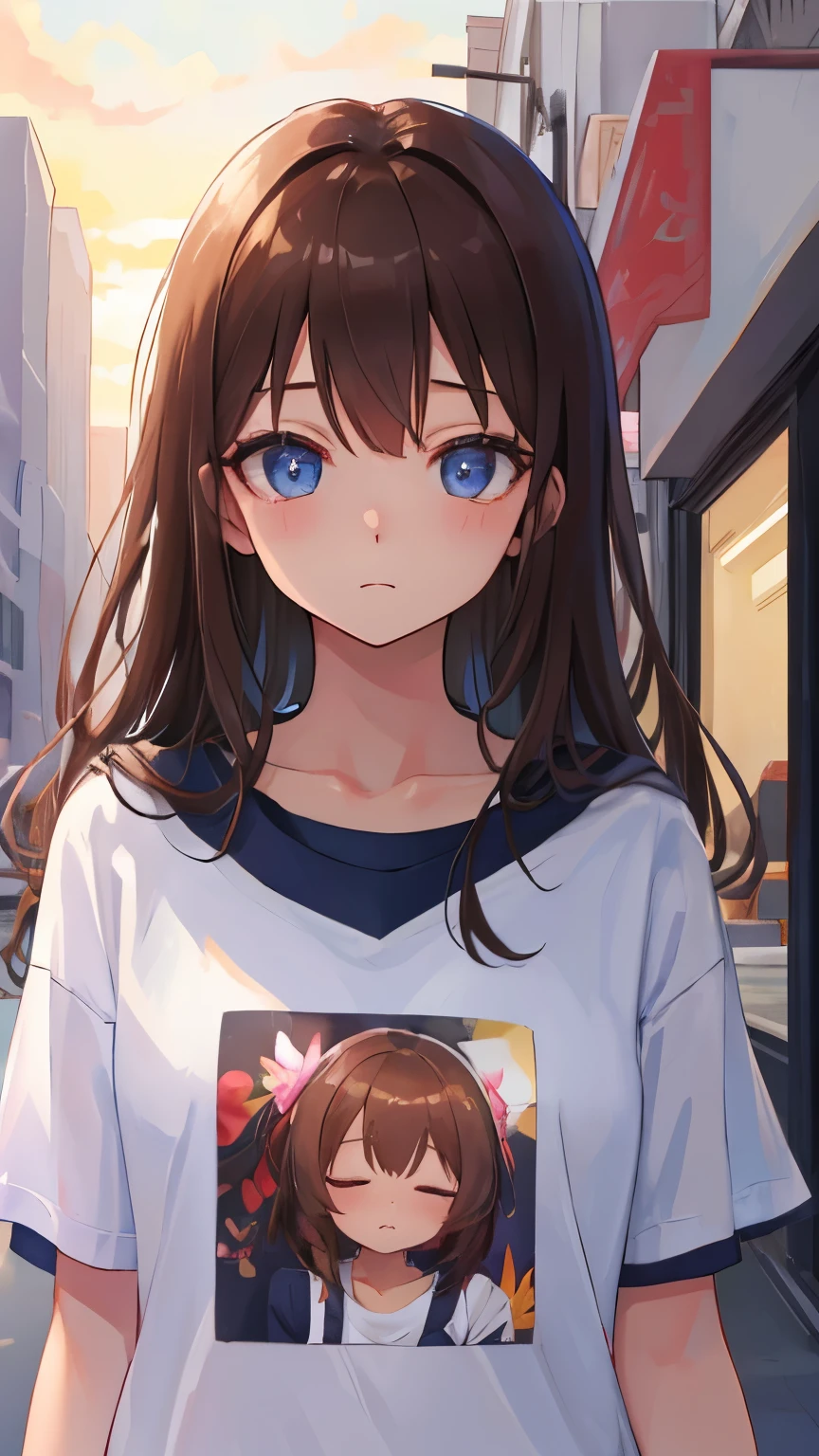 (((Best quality, 8k, Masterpiece: 1.3)), Sharp focus, Slim abdomen,  (White shirt), (Street: 1.2), Highly detailed face and skin texture, Detailed eyes, Double eyelid, Japanese high school girl, brown hair, sleepy face, (in high school), sunset, after school