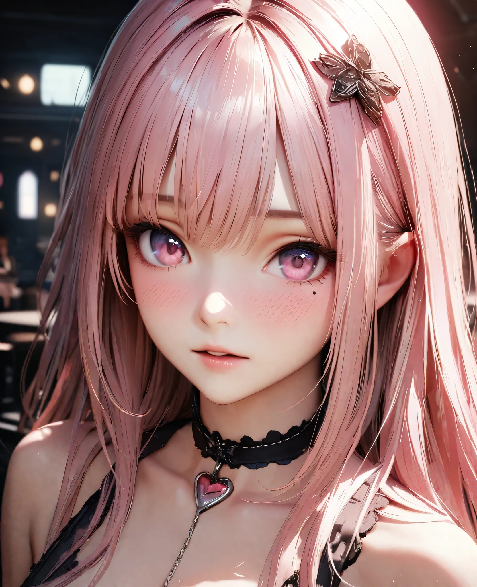 Masterpiece, Best Quality, Super Detailed, High Definition, Expensive Resolution, HDR, 4k, 8K, Unity 8k Wallpaper, Super Detailed CG, Masterpiece, Realistic, 2D, 3D, Beautiful Details, Depth, Fine Texture, Super Fine: 1.3, Complete concentration, crispy skin, him, very cute anime girl, high , expensive pink semi-long hair, one girl, solo, pink semi-long hair, high , mole under the eye, line of sight, expensive, blushing, parted closed lips, hair ornament, heart, pink eyes, choker