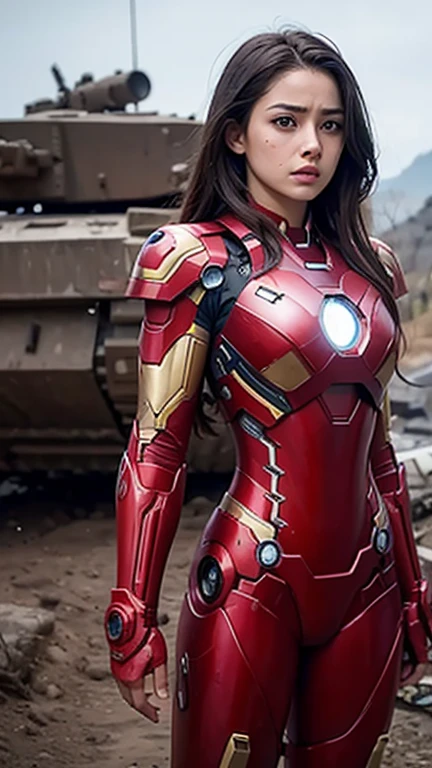 young girl in bikini pattern look likes Iron Man armor suit in the middle of war in end games background