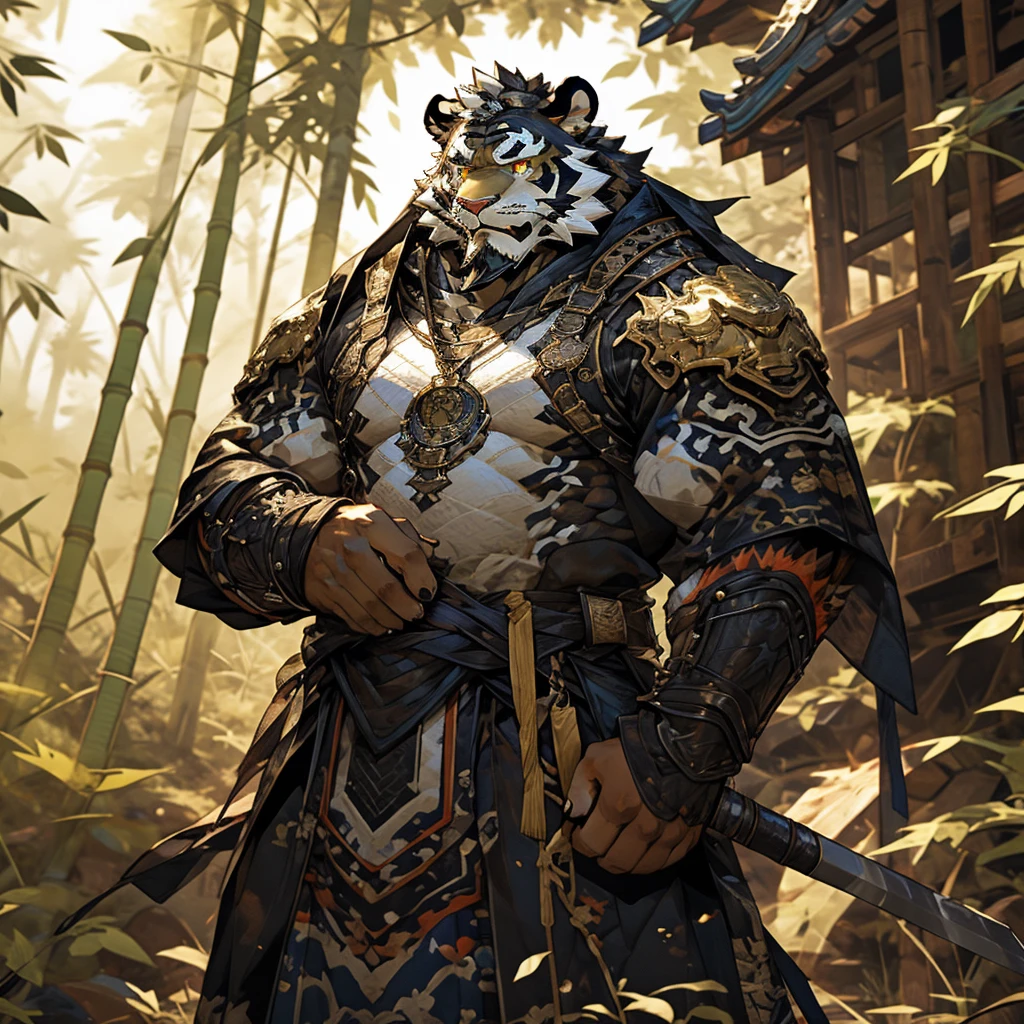 白色皮肤tiger),(黑白阴阳General战袍),Holding a long sword,坚Strong姿态,stand calmly,(The background is a dark deep forest covered with bamboo:1.2),abdominal muscles,heroic posture飒爽,完美的masterpiece,Various facial details,distance perspective,specific description,masterpiece,CG,(golden eyes),black and white pattern,Crimson tail,General,heroic posture,tiger,black and white fur,specific facial details,Half body,(黑白阴阳General战履),(Chang Ling),((middle aged)),(Face focus),(16K),HD,black and white belly，wilderness,beard,(Noodles),different students,(Black and white yin and yang shirt),(Black and white hair),Strong,muscle,(High resolution:1.3),(Standing deep in the deserted bamboo forest),(close up),(Detailed face:1.5),Perfect details,(Half body),(facial detail depiction:1.5),(Zoom in on face:1.5),(白色Noodles:1.2),(黑色beard:1.3),(white face;1.6),white body