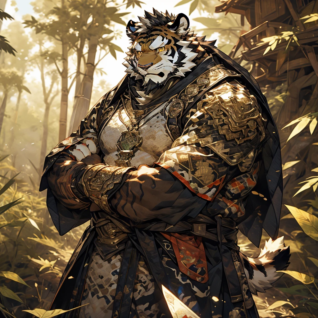 白色皮肤tiger),(黑白阴阳General战袍),Holding a long sword,坚Strong姿态,stand calmly,(The background is a dark deep forest covered with bamboo:1.2),abdominal muscles,heroic posture飒爽,完美的masterpiece,Various facial details,distance perspective,specific description,masterpiece,CG,(golden eyes),black and white pattern,Crimson tail,General,heroic posture,tiger,black and white fur,specific facial details,Half body,(黑白阴阳General战履),(Chang Ling),((middle aged)),(Face focus),(16K),HD,black and white belly,wilderness,beard,(Noodles),different students,(Black and white yin and yang shirt),(Black and white hair),Strong,muscle,(High resolution:1.3),(Standing deep in the deserted bamboo forest),(close up),(Detailed face:1.5),Perfect details,(Half body),(facial detail depiction:1.5),(Zoom in on face:1.5),(白色Noodles:1.2),(黑色beard:1.3),(white face;1.6),white body