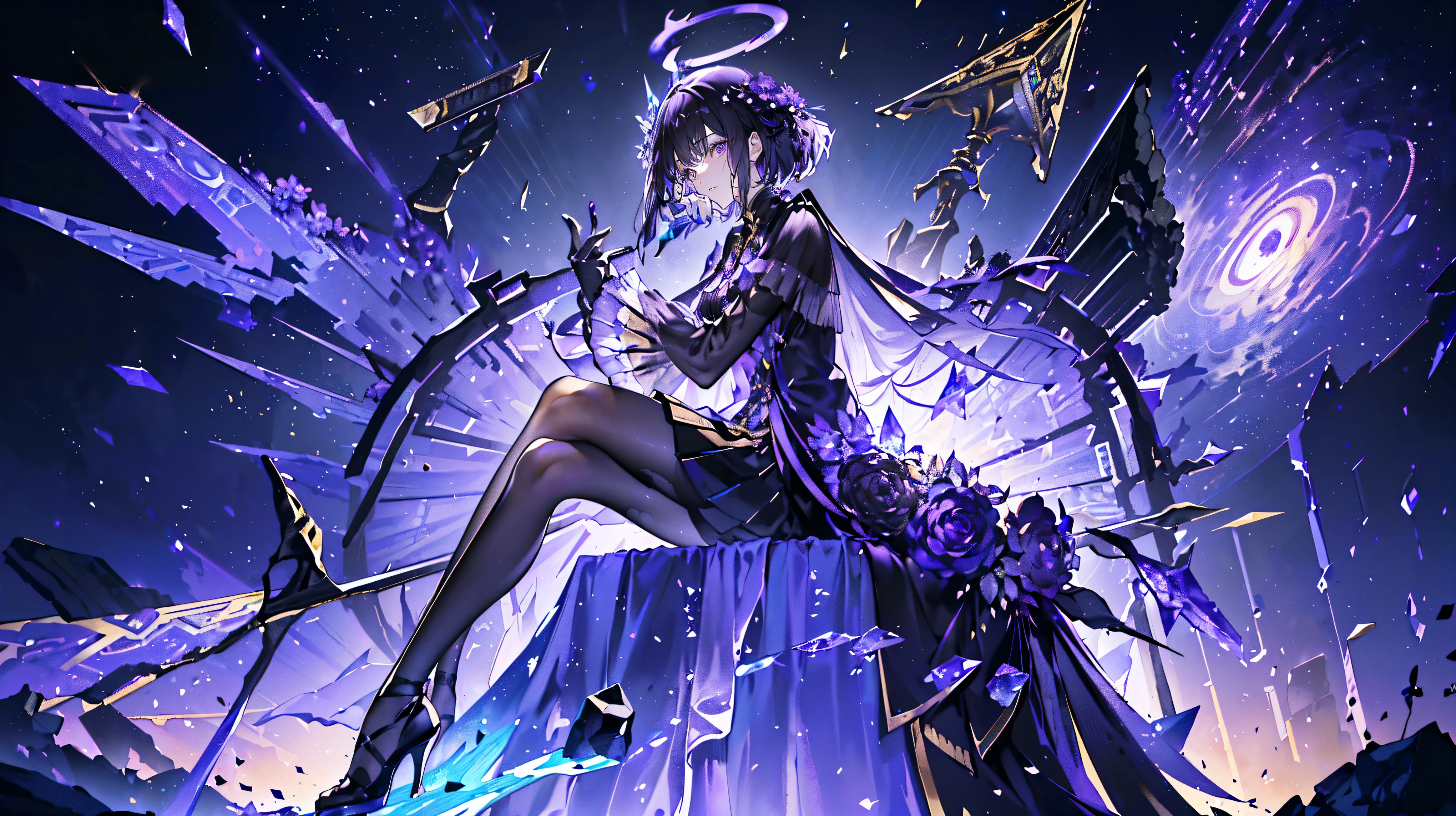 (super detailed)),((illustration)),((masterpiece)),(((need))),((beautifully、Highest quality CG Unity 8K wallpaper masterpiece),((4k,masterpiece,best quality)),Woman with purple black hair,Mature,Playful eyes,Black and gold tulle skirt,Lilac veil,Black and gold embellishment,dim light,Hold the Pharaoh's scepter,Coercion,A huge pyramid emitting a dim purple light,halo,Holding a solid triangle in hand,Floating in the air abstract symbols,A planet that is collapsing from the inside out,celestial body,Black Hole Black Silk,black high heels,British style monocle,in the museum,There are many items with unique shapes,There is a huge three-dimensional figure behind you,sitting on the black throne,Crystal ball decorated with stars,Holding a bunch of purple flowers in hands,A sea of purple flowers,Black and gold stripes,Melting statue,Full body close-up perspective