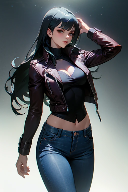 morrigan aesland long hair leather jacket and jeans