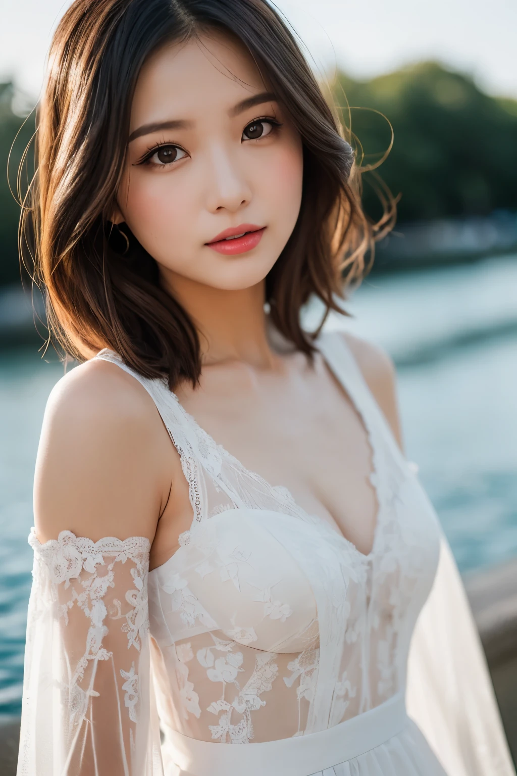 (masterpiece), best quality, perfect woman, midi dress, face detai, red lips, form-fitting, lightweight fabric, lace details, sheer panels, high heels, pointed toe, clutch, subtle accessories, seductive makeup, elegant hairstyle, close-up, cinematic lighting, bokeh, city ligths, river, sexy posture, desire