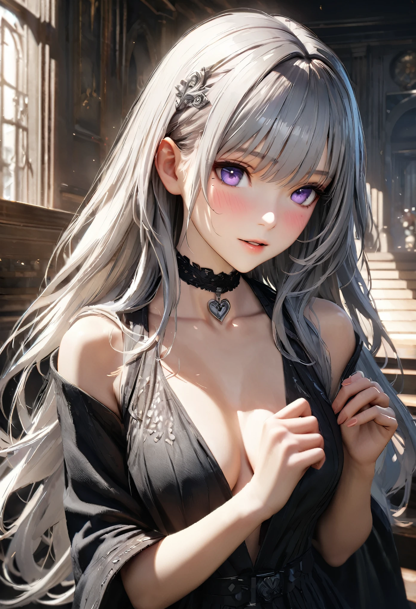 Masterpiece, Best Quality, Super Detailed, High Definition, Expensive Resolution, HDR, 4k, 8K, Unity 8k Wallpaper, Super Detailed CG, Masterpiece, Realistic, 2D, 3D, Beautiful Details, Depth, Fine Texture, Super Fine: 1.3, Complete concentration, crispy skin, him, very cute anime girl, high , expensive silver long hair, one girl, silver long hair, high , mole under the eye, gaze, expensive, blush,, parted Lips, hair ornament, heart, purple eyes, choker