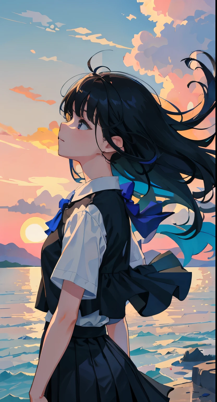 (child),(masterpiece,highest quality),short sleeve,dark blue pleated skirt,black haired,summer期講習会,The wind is blowing,summer,water,cloud,Swaying hair,long hair,beautiful,profile,Landscape,up,big,Upper body