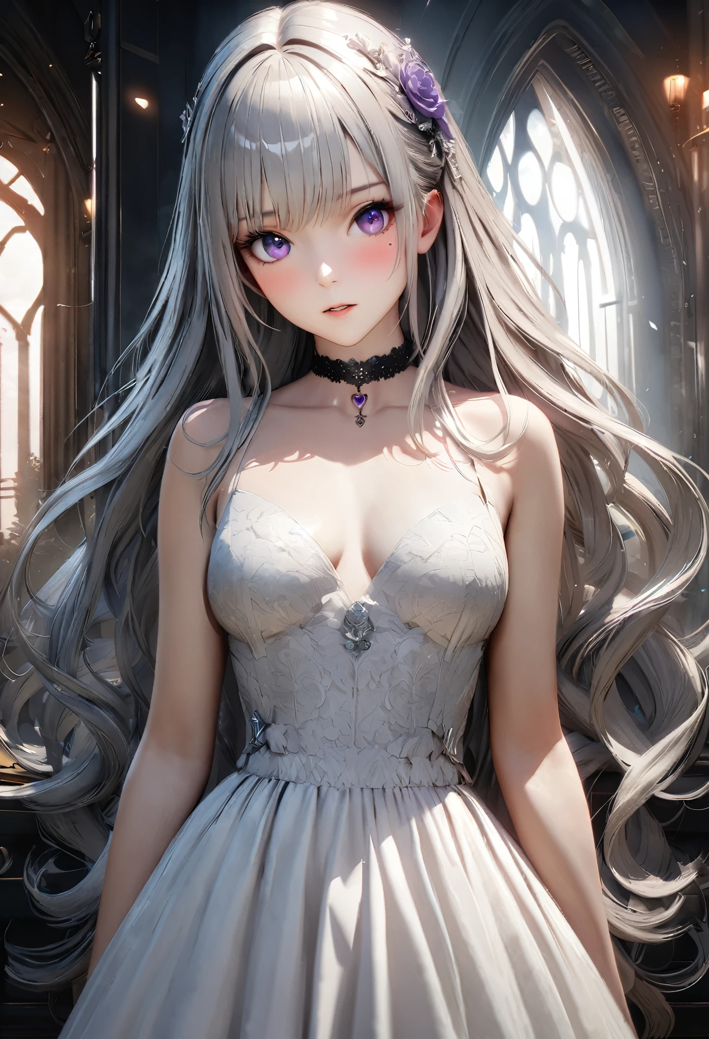 Masterpiece, Best Quality, Super Detailed, High Definition, Expensive Resolution, HDR, 4k, 8K, Unity 8k Wallpaper, Super Detailed CG, Masterpiece, Realistic, 2D, 3D, Beautiful Details, Depth, Fine Texture, Super Fine: 1.3, Complete concentration, crispy skin, him, very cute anime girl, high , expensive silver long hair, one girl, silver long hair, high , mole under the eye, gaze, expensive, blush,, parted Lips, hair ornament, heart, purple eyes, choker