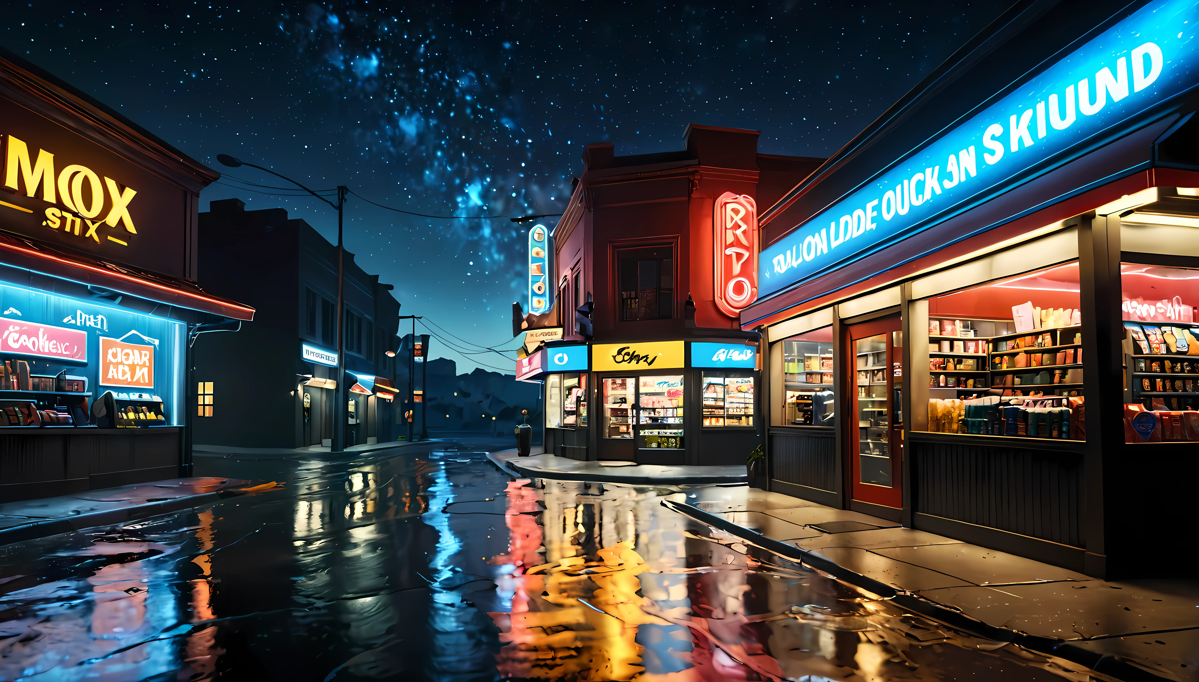 ((Masterpiece in maximum 16K resolution):1.6),((soft_color_photograpy:)1.5), ((Ultra-Detailed):1.4),((Movie-like still images and dynamic angles):1.3), ((Ultra wide angle):1.5),((fisheye lens photo):1.3). | (Cinematic photo of Convenience Store at Midnight), (Midnight sky), (Convienence Store Neon Lights), ((Advertisement Posters):1.1), ((tyndall effect):1.1), ((exotic midnight sky):1.2), ((sense of loneliness):1.1), (shimmer), (visual experience), (Realism), (Realistic), award-winning graphics, dark shot, film grain, extremely detailed, Digital Art, rtx, Unreal Engine, scene concept anti glare effect, All captured with sharp focus. Rendered in ultra-high definition with UHD and retina quality, this masterpiece ensures super detail. With a focus on high quality and accuracy, this award-winning portrayal captures every nuance in stunning 16k resolution, immersing viewers in its lifelike depiction. ((perfect_composition, perfect_design, perfect_layout, perfect_detail, ultra_detailed)), ((enhance_all, fix_everything)), More Detail, Enhance.
