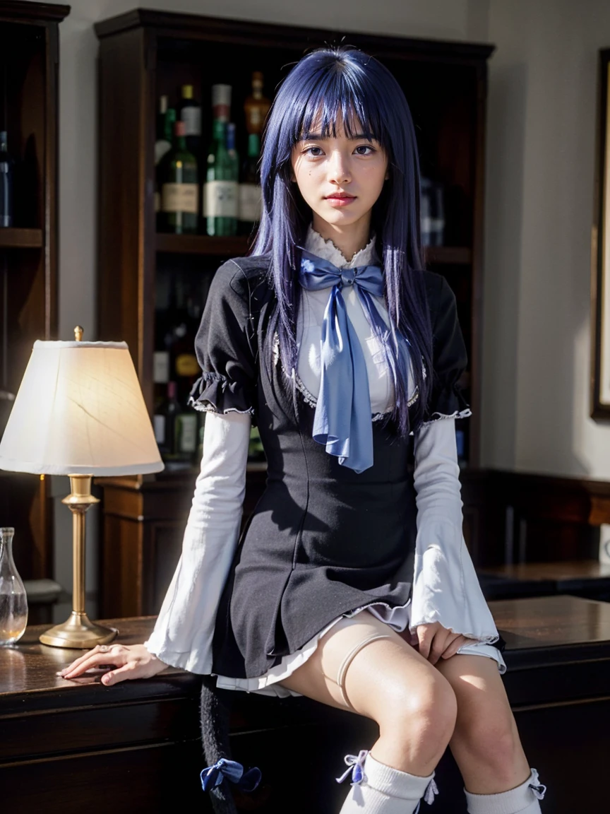 (1 lady), The beautiful, (Best quality at best:1.4), (ultra - detailed), (extremely detailed CG unified 16k), purple hair, very detailed, High-definition RAW color photo, professional photoshooting, amazing face and eyes, cosmetics, (amazingly beautiful girl), ((frederica bernkastel)), ((dress, bowtie, mary janes, socks, cat tail, tail bow, tail ornament)), sitting, sexyposture，(Dark and stylish bar, drinks, lamp lights, lamp lights:1.3), (look from down), realistic cinematic face, head to feet long wide zoomed out view, full body long view, photorealistic, ((realistic natural purple hair style, purple eyes)), gorgeous, extremely beautiful face, perfect model beauty, pout mouth, flirting smile, cleavages, city girl, western, shopping in the city, (masterpiece), best quality, high resolution, extremely detailed, blurred background, depth of field, cinematic lighting, amazing legs, high heels, clear and well-cared skin, (((focus on the girl instead of background, girl occupies most of the picture)))