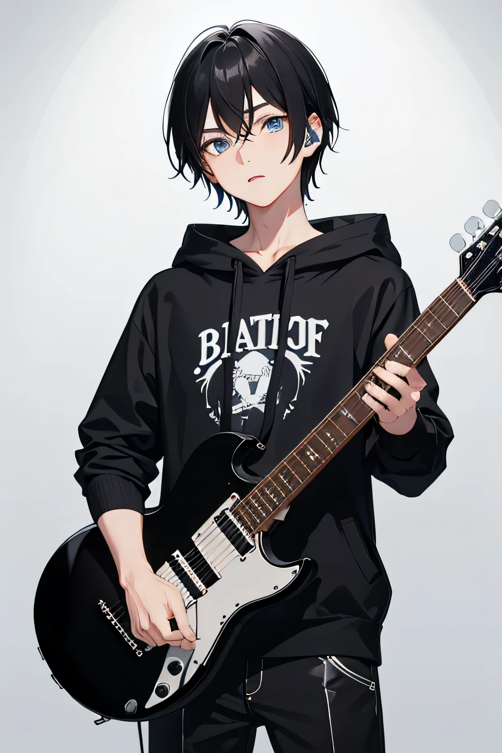 1boy,black white hoodie,blue eyes,black hair,mullet haircut,sing while playing the Gibson X-Plorer (Explorer) 2002-2008 guitar
