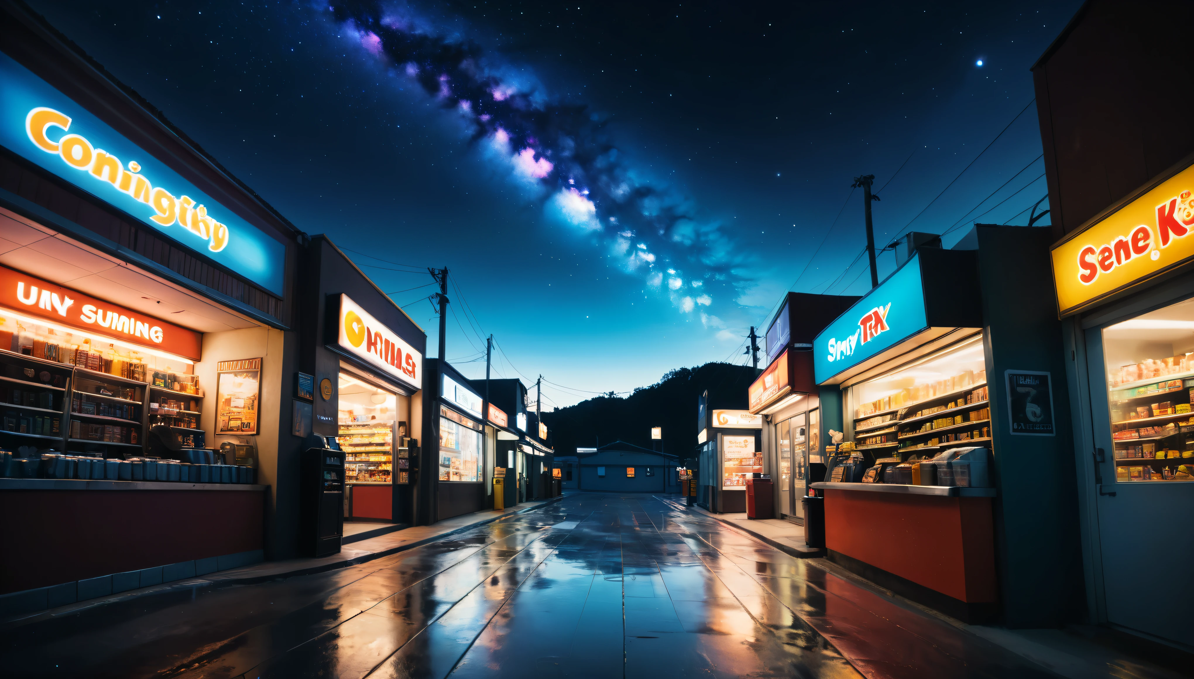 ((Masterpiece in maximum 16K resolution):1.6),((soft_color_photograpy:)1.5), ((Ultra-Detailed):1.4),((Movie-like still images and dynamic angles):1.3), ((Ultra wide angle):1.5),((fisheye lens photo):1.3). | (Cinematic photo of Convenience Store at Midnight), (Midnight sky), (Convienence Store Neon Lights), ((Advertisement Posters):1.1), ((tyndall effect):1.1), ((exotic midnight sky):1.2), ((sense of loneliness):1.1), (shimmer), (visual experience), (Realism), (Realistic), award-winning graphics, dark shot, film grain, extremely detailed, Digital Art, rtx, Unreal Engine, scene concept anti glare effect, All captured with sharp focus. Rendered in ultra-high definition with UHD and retina quality, this masterpiece ensures super detail. With a focus on high quality and accuracy, this award-winning portrayal captures every nuance in stunning 16k resolution, immersing viewers in its lifelike depiction. ((perfect_composition, perfect_design, perfect_layout, perfect_detail, ultra_detailed)), ((enhance_all, fix_everything)), More Detail, Enhance.