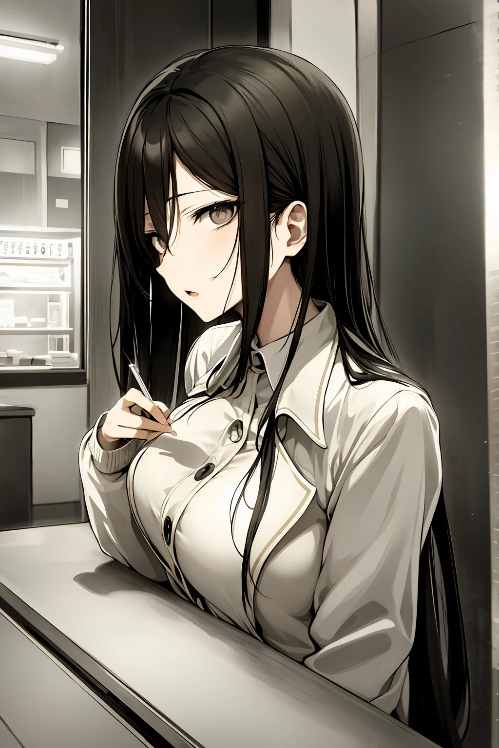 Anime woman, From back, holds a lit cigarette in her right hand, empty eyes, vacant eyes, open mouth, exhales smoke from her mouth, stared into the distance, wavy long black hair falling over her shoulders, wearing trench coat that concealed her figure, sits quietly on a stool near the dimly lit café counter, Her left hand rested on the worn, wooden countertop, solitary figure