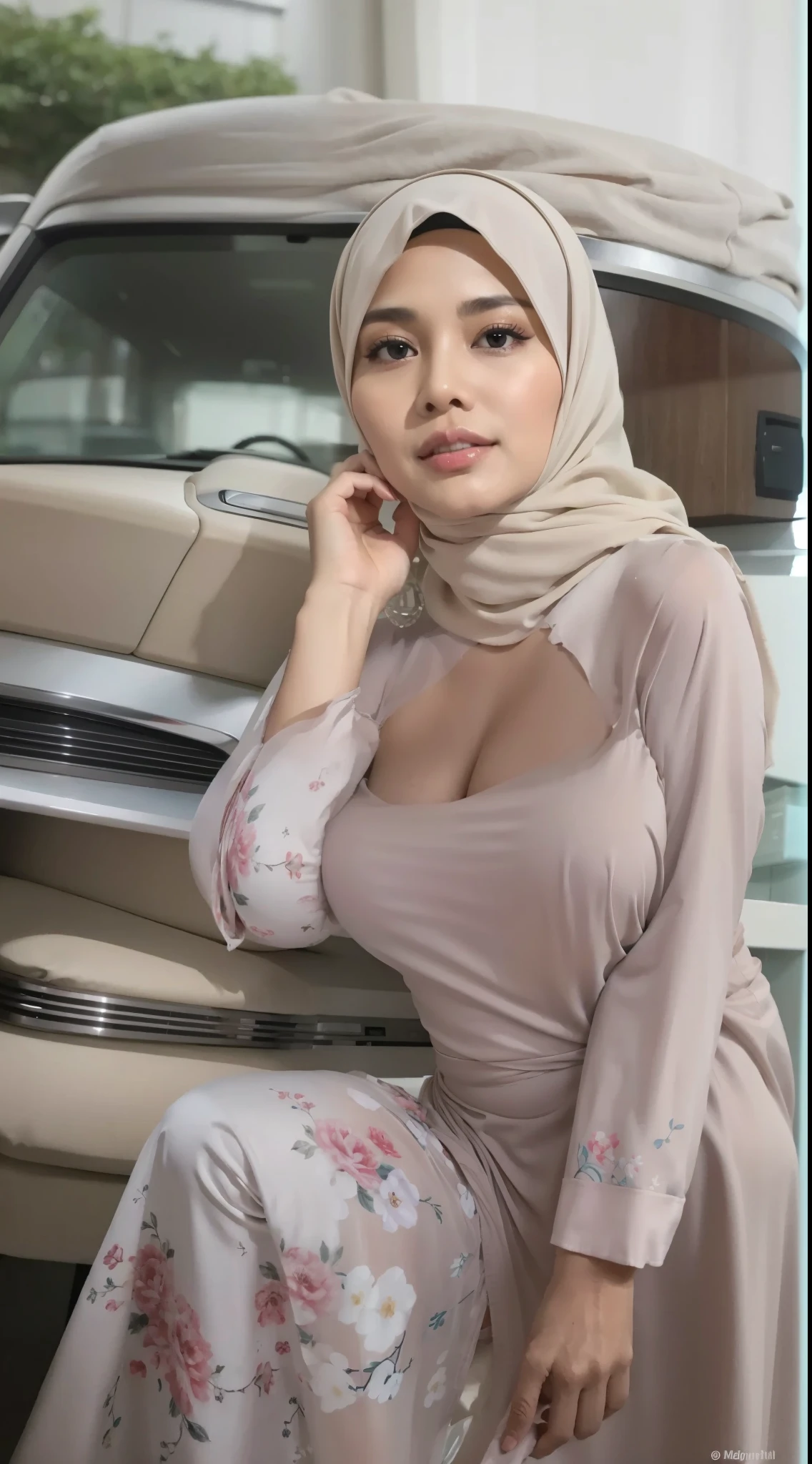 50 years Old, Hijab Indonesian mature woman, Big Tits : 66.9, Gamis, Breast out from her clothes : 1.9, at doctor office, Dark light, at Nighttime