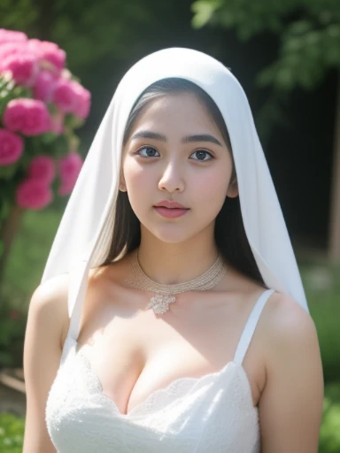 hyper realistic, intricate details, 1 malay young muslim girl, , (wearing pasmina hijab), white hijab jilbab, shy, mid shot, upper body, watery eyes ,droopy eyes, ((glowing breast)), medium rounded breast, (open breast), (breast out), naked, arms up, woman in sexy white kebaya , luxurious necklace, bracelet, makeup, grooming, eyelashes, nsfw, flower garden background, masterpiece, proportional body,