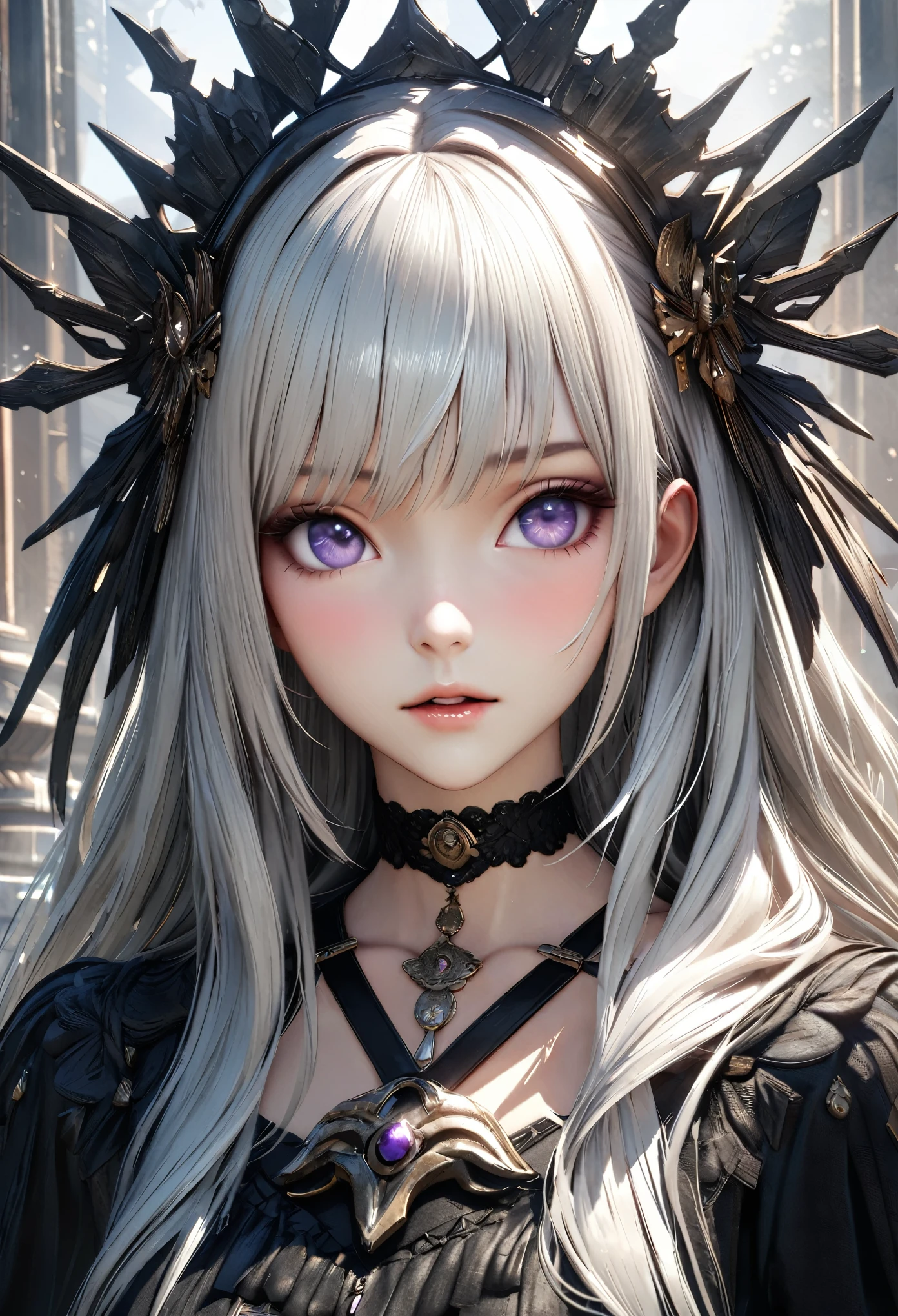 Masterpiece, Best Quality, Super Detailed, High Definition, Expensive Resolution, HDR, 4k, 8K, Unity 8k Wallpaper, Super Detailed CG, Masterpiece, Realistic, 2D, 3D, Beautiful Details, Depth, Fine Texture, Super Fine: 1.3, Complete concentration, crispy skin, him, very cute anime girl, high , expensive silver long hair, one girl, silver long hair, high , mole under the eye, gaze, expensive, blush,, parted Lips, hair ornament, heart, purple eyes, choker