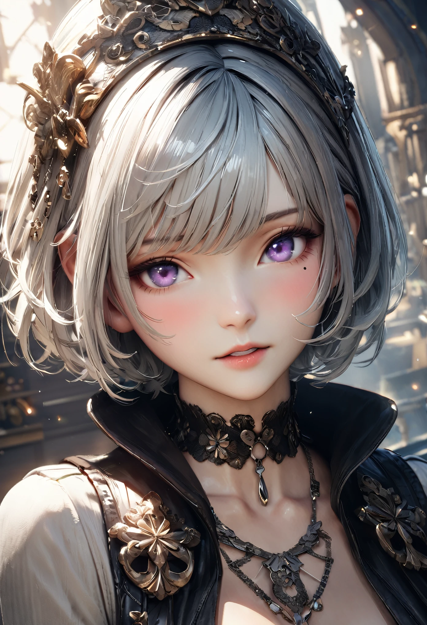 Masterpiece, Best Quality, Super Detailed, High Definition, Expensive Resolution, HDR, 4k, 8K, Unity 8k Wallpaper, Super Detailed CG, Masterpiece, Realistic, 2D, 3D, Beautiful Details, Depth, Fine Texture, Super Fine: 1.3, Complete concentration, crispy skin, him, very cute anime girl, high , expensive silver short hair, one girl, silver short hair, high , mole under the eye, gaze, expensive, blush,, parted Lips, hair ornament, heart, purple eyes, choker