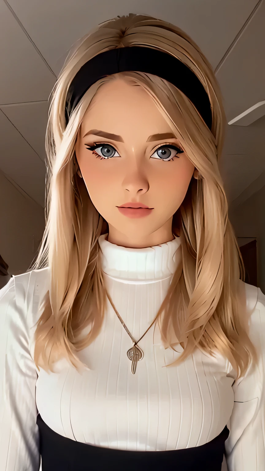 portrait, head shot, face focus, looking at viewer, eye contact, straight-on,
alistarodd, 1girl, blonde hair, long hair, makeup, parted lips,
white turtleneck sweater, black vest, cross necklace, headband,
indoors, warm lighting,
depth of field, blurred background, detailed eyes, warm volumetric lighting, masterpiece, best quality
