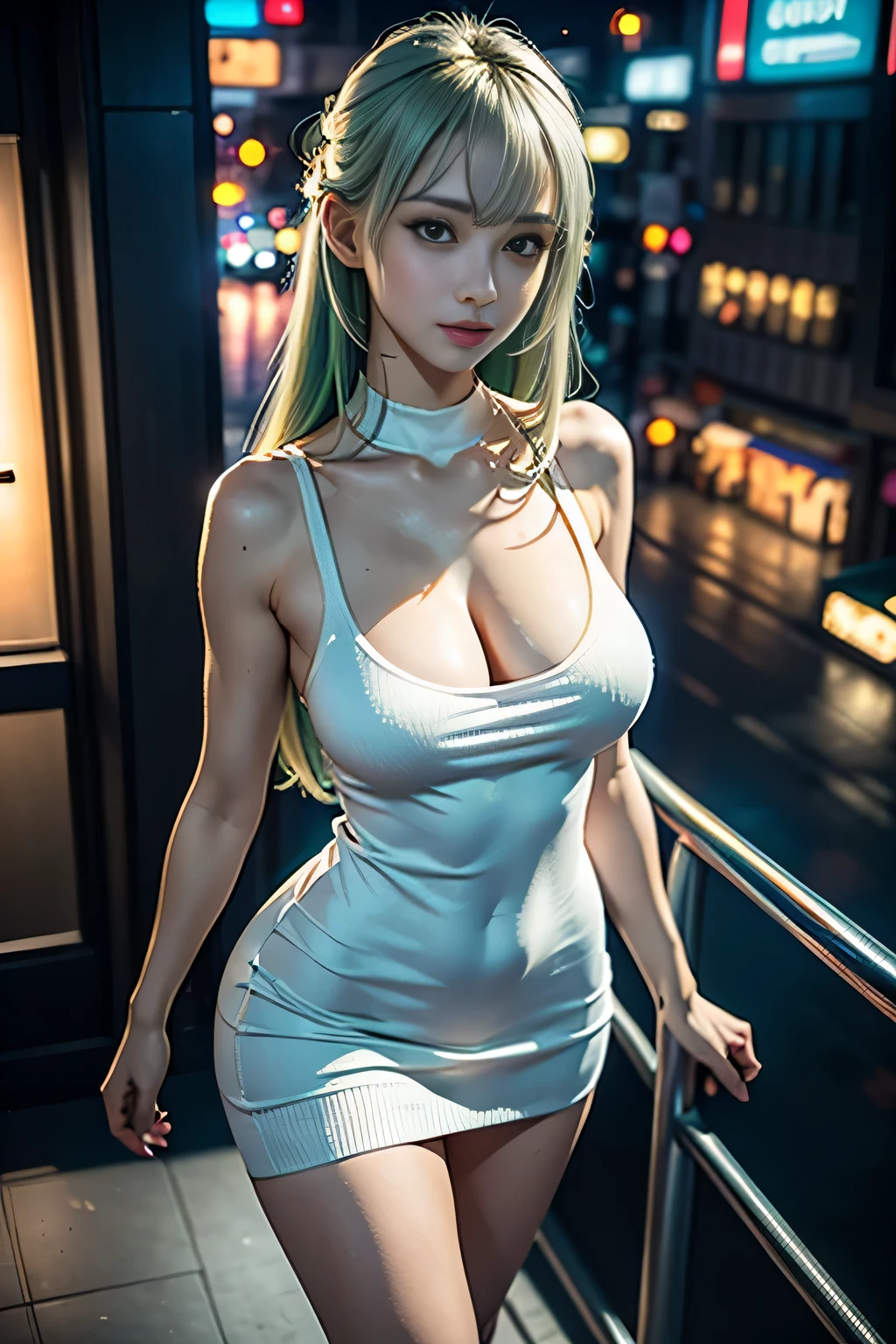 high angle,from above,cleavage,Vulgar,((masterpiece:1.4, best quality)), ((masterpiece, best quality)), (realistic:1.5),Beautiful girl RAW photo,beautiful Semi long silver green hair,Japanese high school girl,full body, Walking along the dark city street, ((sexy elegant white knit mini dress)),very cute, slim, cute eyes,evil smile,enticing sexy look,((looking at the camera)),cinematic lighting and pause,night,crowded,neon light