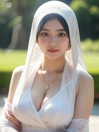 hyper realistic, intricate details, 1 malay young muslim girl, 17 years old, (wearing pasmina hijab), white hijab jilbab, shy, mid shot, upper body, watery eyes ,droopy eyes, ((glowing breast)), medium rounded breast, (open breast), (breast out), naked, arms up, woman in sexy white kebaya , luxurious necklace, bracelet, makeup, grooming, eyelashes, nsfw, flower garden background, masterpiece, proportional body,