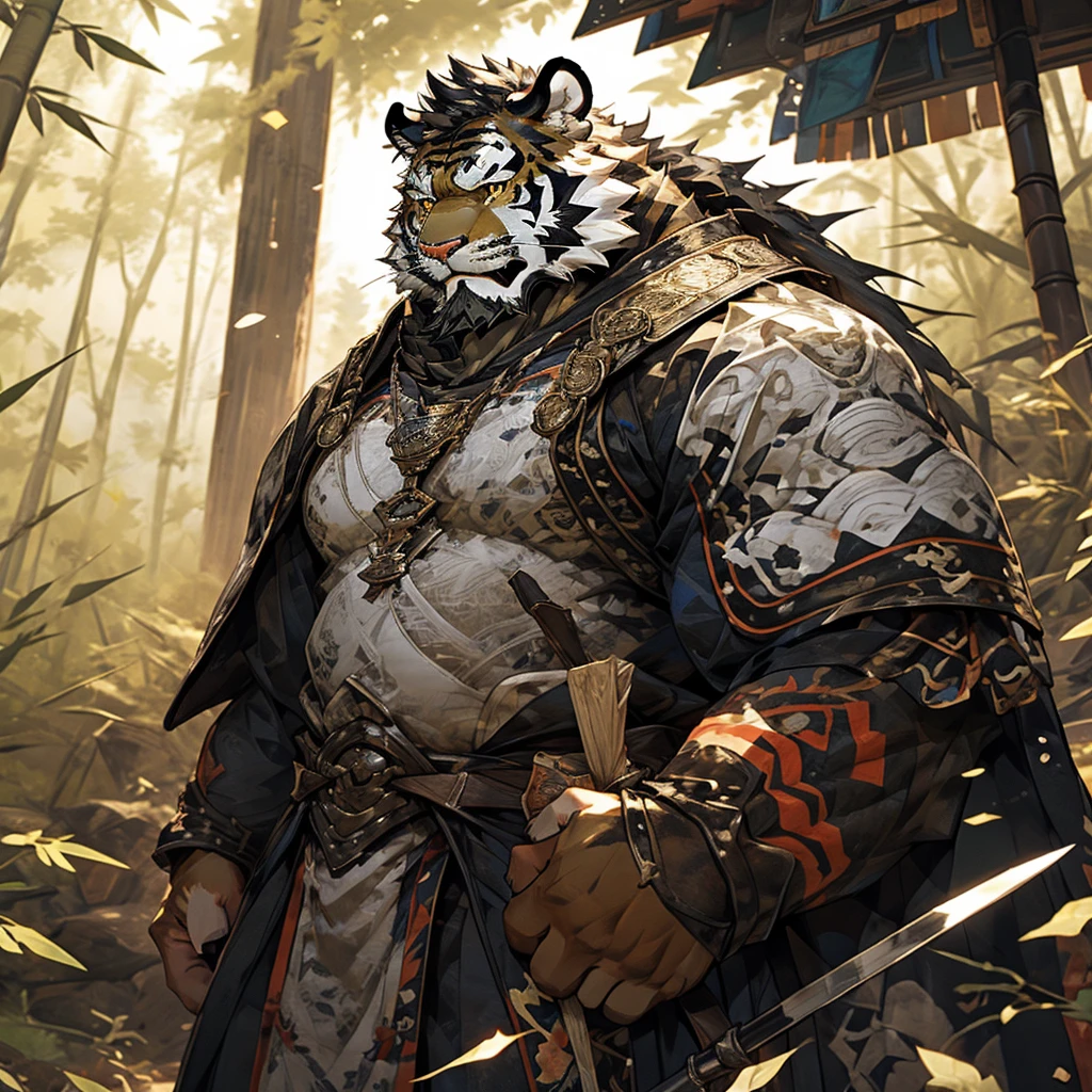白色皮肤tiger),(黑白阴阳General战袍),Holding a long sword,坚Strong姿态,stand calmly,(The background is a dark deep forest covered with bamboo:1.2),abdominal muscles,heroic posture飒爽,完美的masterpiece,Various facial details,distance perspective,specific description,masterpiece,CG,(golden eyes),black and white pattern,Crimson tail,General,heroic posture,tiger,black and white fur,specific facial details,Half body,(黑白阴阳General战履),(Chang Ling),((middle aged)),(Face focus),(16K),HD,black and white belly，wilderness,beard,(Noodles),different students,(Black and white yin and yang shirt),(Black and white hair),Strong,muscle,(High resolution:1.3),(Standing deep in the deserted bamboo forest),(close up),(Detailed face:1.5),Perfect details,(Half body),(facial detail depiction:1.5),(Zoom in on face:1.5),(白色Noodles:1.2),(黑色beard:1.3),(white face;1.6),white body