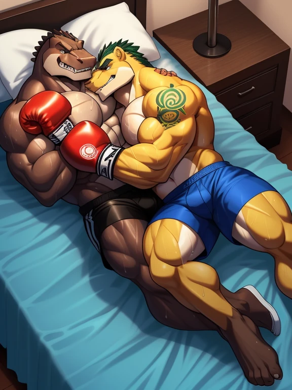Duo big male fighters(Gator vs Gator, handsomes, Thick eyebrows), beso gay((Cuddling lying down embraced in a bed match)(cuddling body frottage)), hot(Full body, shirtless), handsomes(They are handsomes, correct anatomy), musculosos(Big muscle bodies, Six packs, muscle abs, big pecs, muscle legs, muscle backs), sweaty(very sweaty wet bodies), tatuajes(they have tattoos), Angry(They have an angry expression), Boxing gloves(They both are wearing boxing gloves), boxers(They are wearing shorts boxers), Hight resolution