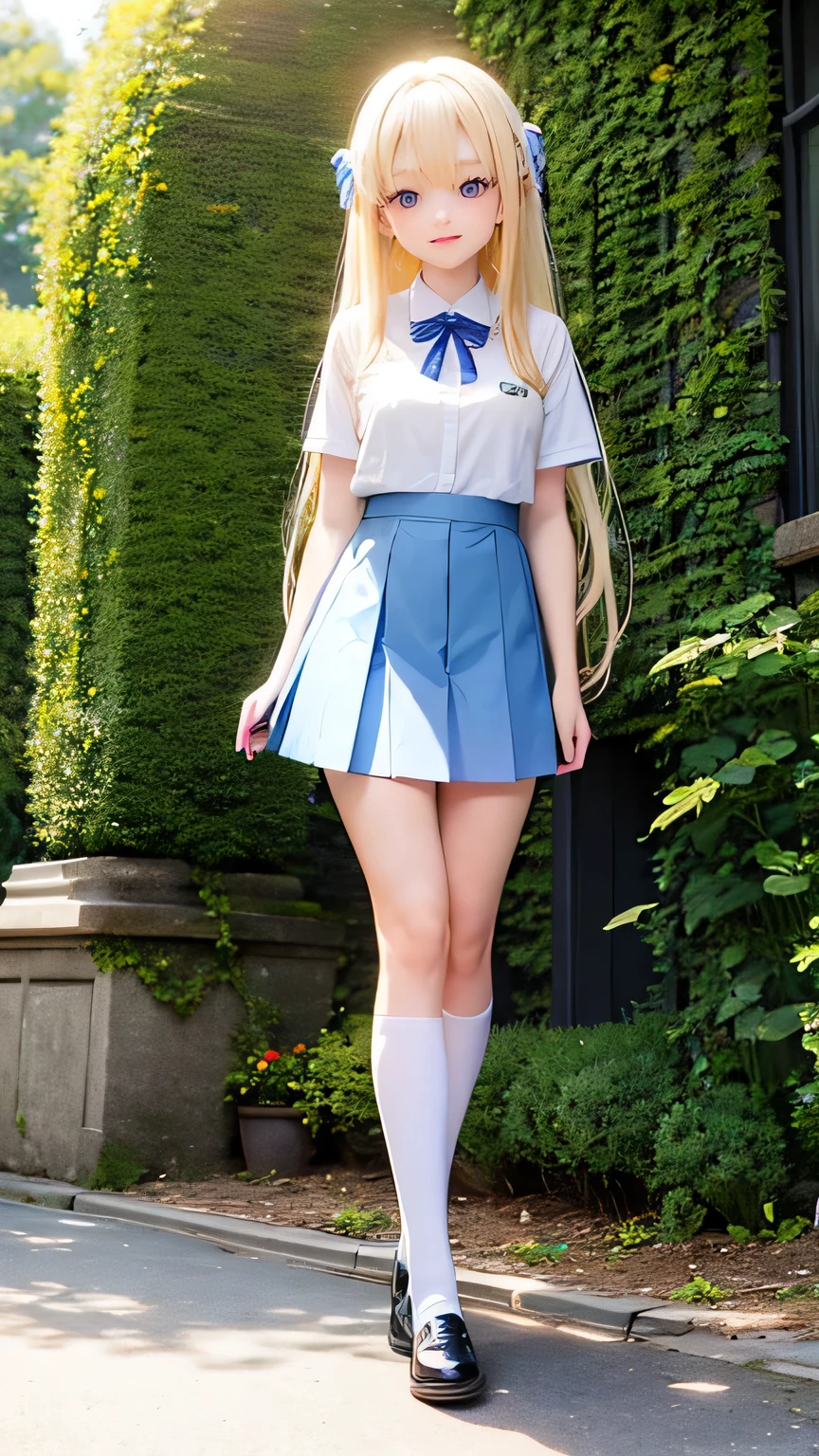 very cute girl、16 years old、light yellow hair、long straight hair、Bangs are too close to the eye、Light Blue Eye、(normal ears)、thin arms、Beautiful body、slim legs、big eyes、large, well-shaped breasts,、clear white skin、smile、(school uniform、uniform white and blue)、Rose Garden、Super high quality、digital single lens reflex、