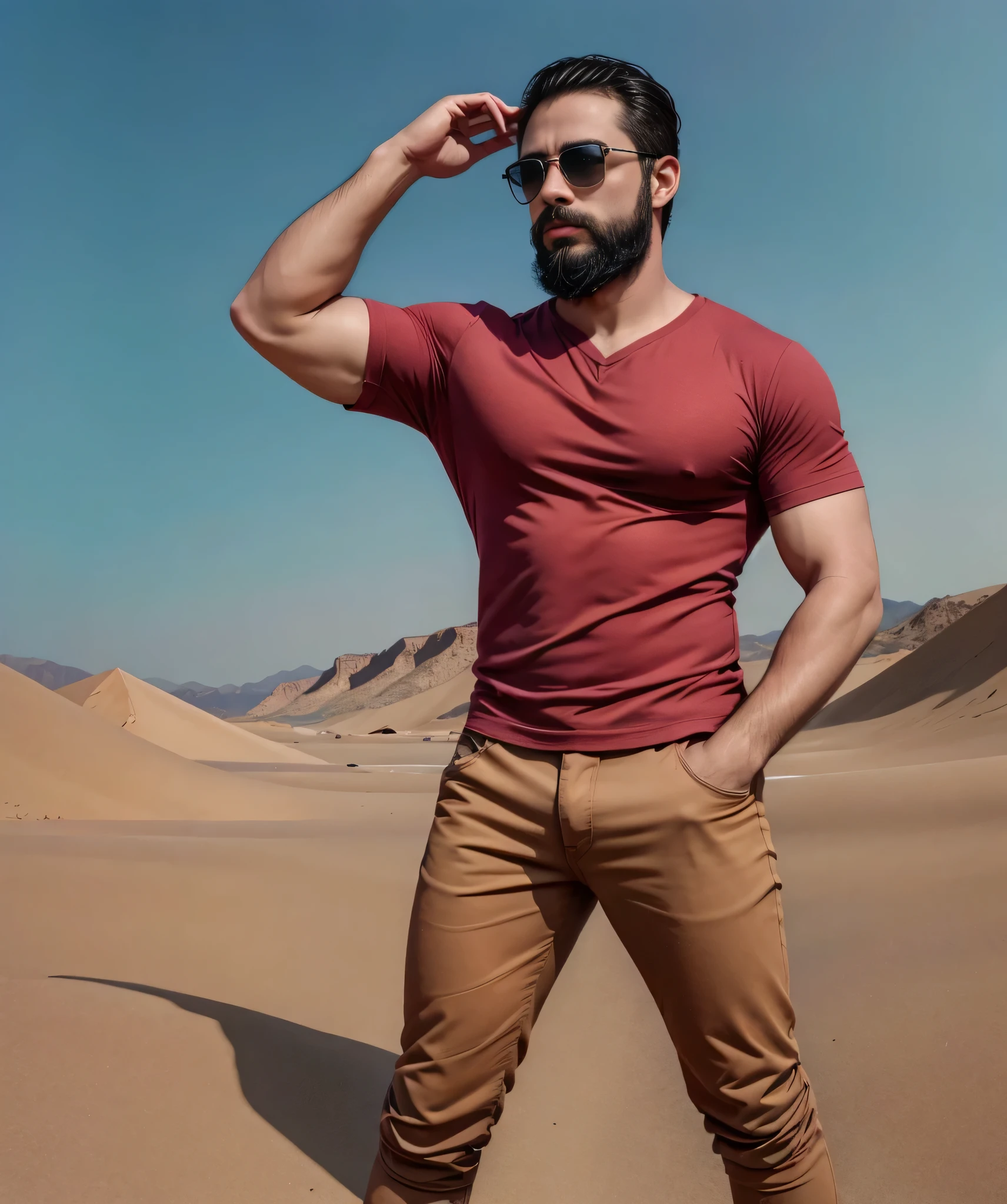 Obra maestra, desenfoque de campo, Parte superior del cuerpo, Hands in pants pockets, 38 year old man with beard and square sunglasses. Man wearing a shirt with a color gradient in an action movie with a desert in the background.