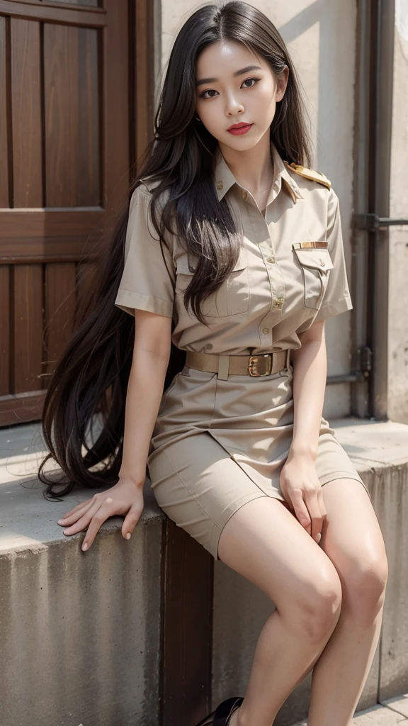 Khaki suit, khaki civil servant, Thai teacher uniform:1.3, Beautiful girl with extra long hair, Two meter long hair, Long hair that catches the eye, long black hair, Her hair is very long., Long, shiny hair, Long, thick, soft hair, Extra long hair, Dynamic posts, like full body, Short sleeve shirtสีกากี, short pencil skirtสีกากี, side cut, Decorated with military insignia., black high heels, The sexiest, small waist, hips raised, small thighs, Long legs, Huge breasts, Huge breasts:1.5, big breast, Very big breasts, Eye-catching breasts, A gigantic rift, Not completely covered, big breast, Huge breast, Big tits D, สาวTwo meter long hair, Beautiful face, red lips, Very shiny, แต่งBeautiful face, Military rank insignia, short pencil skirt, tight, ultra short skirt, very short skirt, Wear a miniskirt., Short sleeve shirt, tight fitting, in the background, blurred garden., 