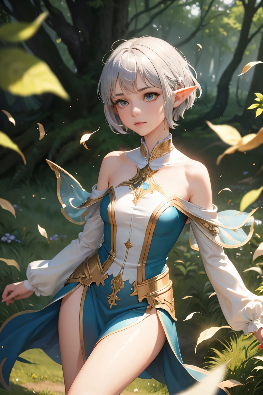 best quality, super fine, 16k, RAW photo, photorealistic, incredibly absurdres, extremely detailed, delicate, flashy and dynamic depiction, cute yet dignified beautiful elf, shy, short silver pixie cut hair, wind, wind-effect, red round eyes, slender proportion, leaning against a large tree in the lush grassland, background hazy, mysterious and fantastical, countless sparkling gold dust, motion-blur, action-lines