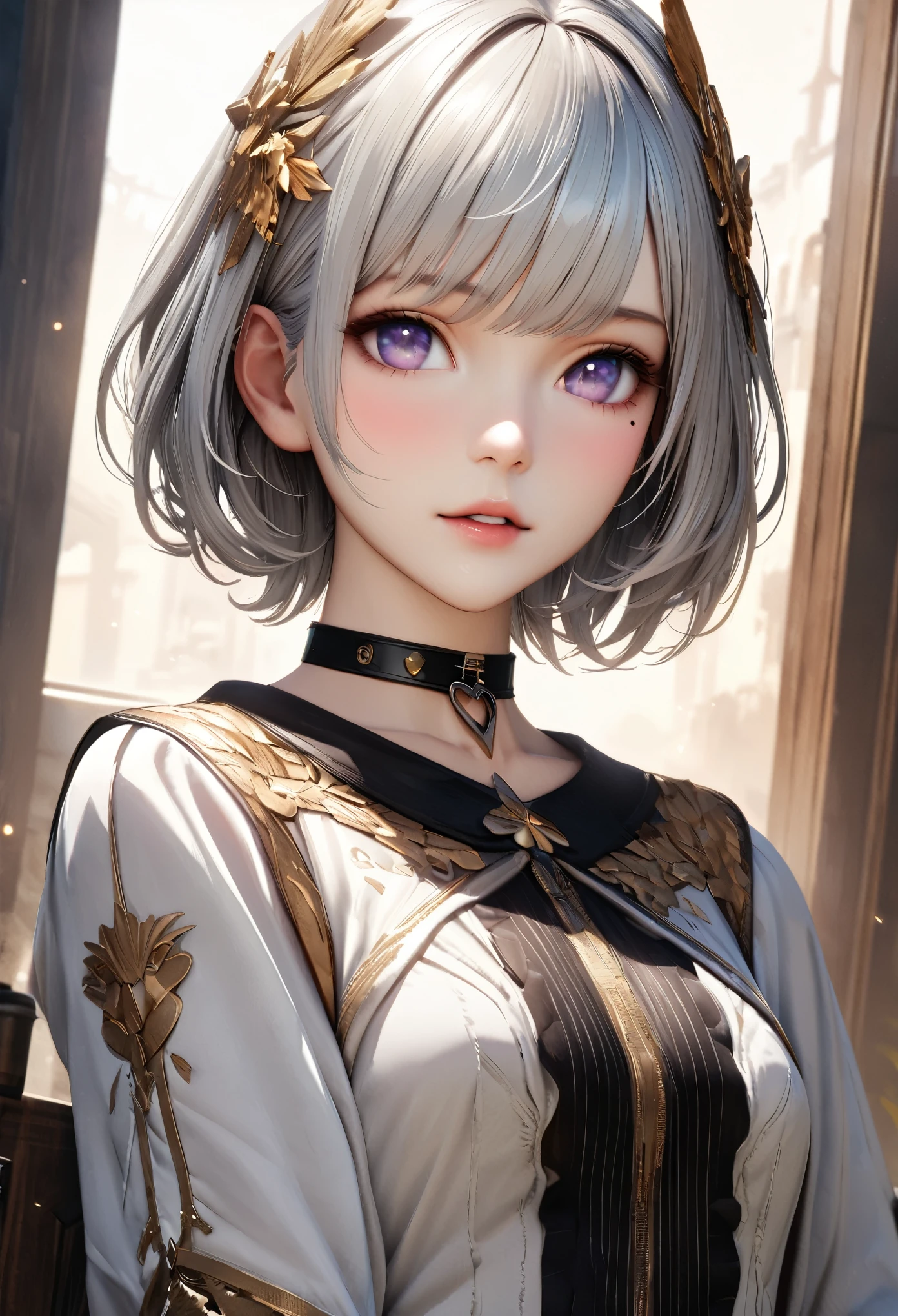 Masterpiece, Best Quality, Super Detailed, High Definition, Expensive Resolution, HDR, 4k, 8K, Unity 8k Wallpaper, Super Detailed CG, Masterpiece, Realistic, 2D, 3D, Beautiful Details, Depth, Fine Texture, Super Fine: 1.3, Complete concentration, crispy skin, him, very cute anime girl, high , expensive silver short hair, one girl, silver short hair, high , mole under the eye, gaze, expensive, blush,, parted Lips, hair ornament, heart, purple eyes, choker