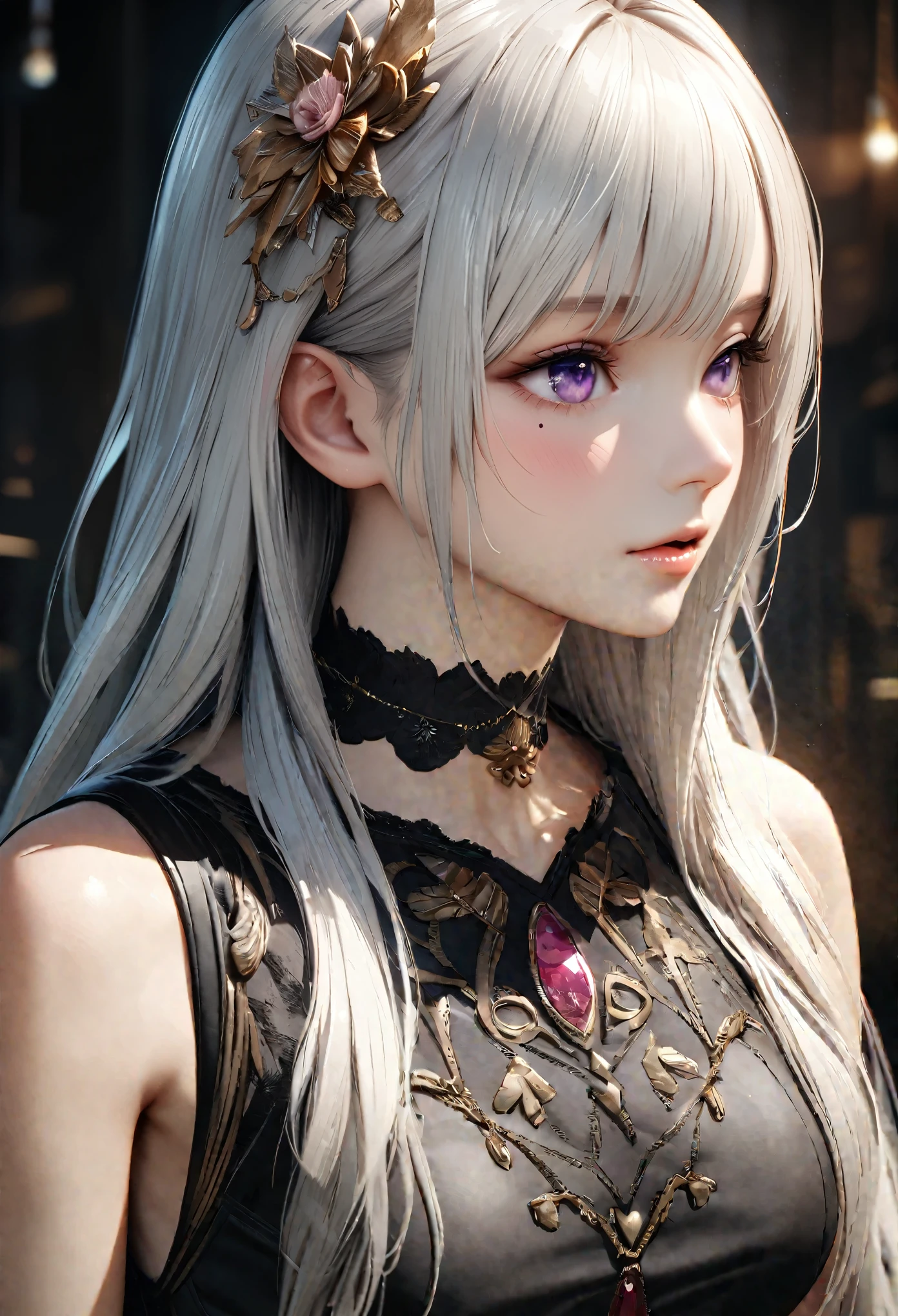 Masterpiece, Best Quality, Super Detailed, High Definition, Expensive Resolution, HDR, 4k, 8K, Unity 8k Wallpaper, Super Detailed CG, Masterpiece, Realistic, 2D, 3D, Beautiful Details, Depth, Fine Texture, Super Fine: 1.3, Complete concentration, crispy skin, him, very cute anime girl, high , expensive silver long hair, one girl, silver long hair, high , mole under the eye, gaze, expensive, blush,, parted Lips, hair ornament, heart, purple eyes, choker