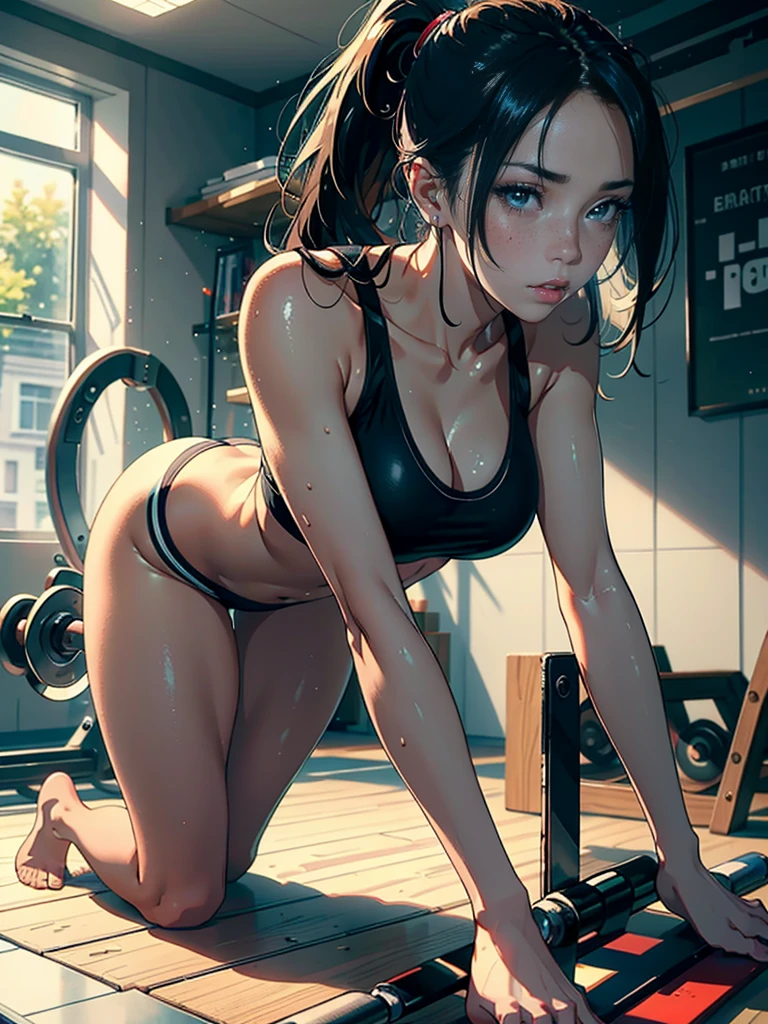 (ultra-realistic rendering, highest quality), ((highest quality, 16k, masterpiece: 1.3)), (beauty, 1 girl), (realistic photo shot in a dark studio), (medium full body shot), (20 year old girl posing sexy in gym), (Sexy sports outfits), sports leggings, play sports often, beautiful and detailed face, small breasts, pale skin, Fine long blonde hair, heavy makeup, (realistic glowing skin), masterpiece, highest quality, High Resolution Scan, (professionally color graded), sharp focus, rim lighting, 薄darkです, two-tone lighting, dark, Tifa,Hands in front of you, Emphasis buttocks,young sensual gravure idol, Glossy skin that looks wet!!, shiny silver, cute freckles,((beautiful skin)),((skin texture)),((Real Touch)),healthy, Ruddy, Hair tied up with a rubber band,