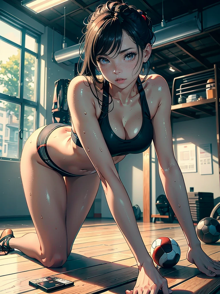 (ultra-realistic rendering, highest quality), ((highest quality, 16k, masterpiece: 1.3)), (beauty, 1 girl), (realistic photo shot in a dark studio), (medium full body shot), (20 year old girl posing ???? in gym), (???? sports outfits), sports leggings, play sports often, beautiful and detailed face, small ???????, pale skin, Fine long blonde hair, heavy makeup, (realistic glowing skin), masterpiece, highest quality, High Resolution Scan, (professionally color graded), sharp focus, rim lighting, 薄darkです, two-tone lighting, dark, Tifa,Hands in front of you, Emphasis ????????,young sensual gravure idol, Glossy skin that looks wet!!, shiny silver, cute freckles,((beautiful skin)),((skin texture)),((Real Touch)),healthy, Ruddy, Hair tied up with a rubber band,